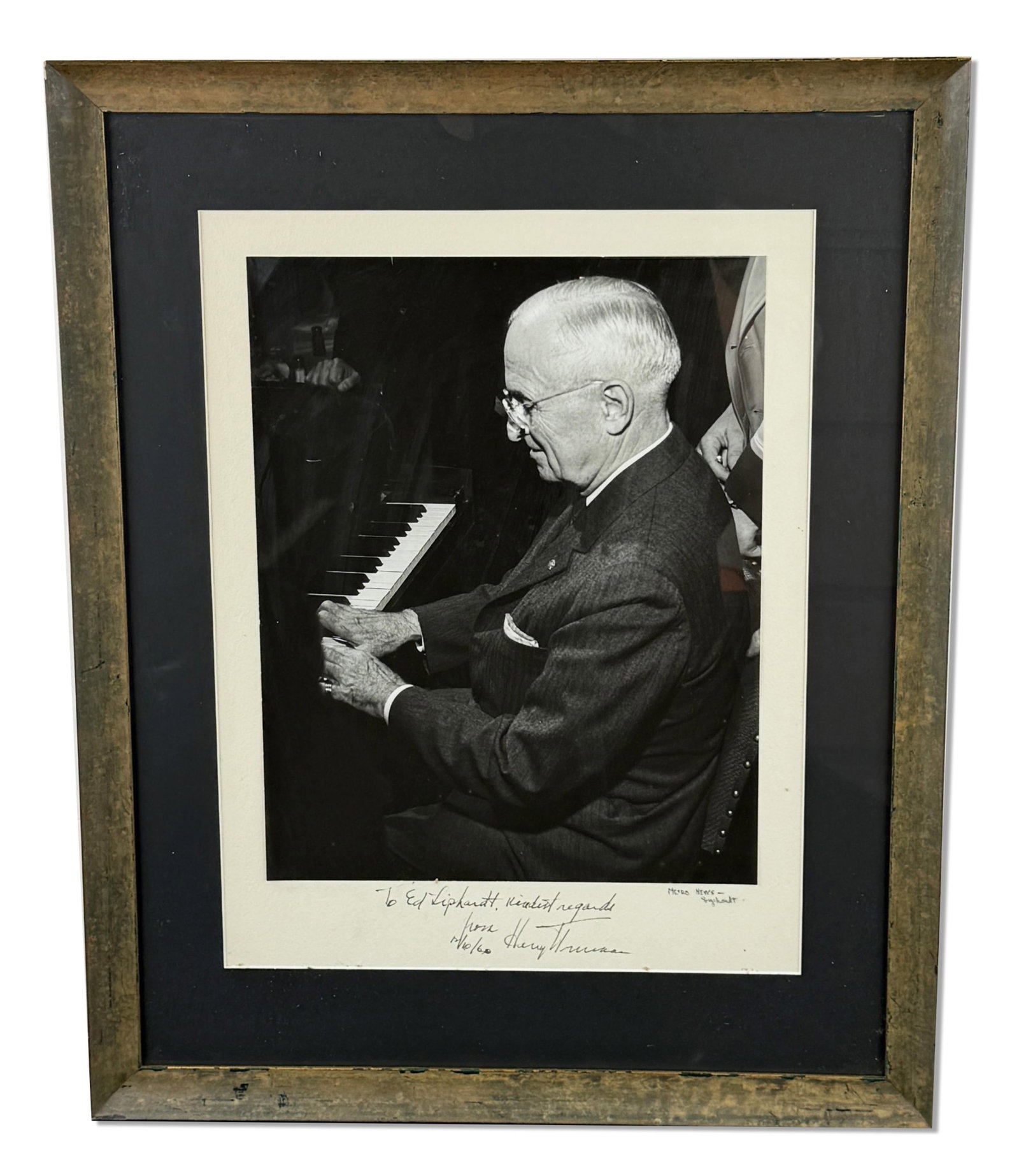 Large Harry Truman Signed & Inscribed Photo of the President at the Piano: Harry Truman n.p., December 10, 1960 Large Harry Truman Signed & Inscribed Photo of the President at the Piano Signed photograph Harry Truman (1884-1972). Large, captivating black and white