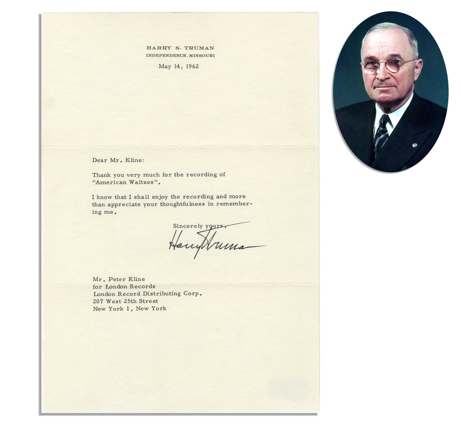Harry Truman TLS w/ Beckett LOA: Harry Truman Independence, MO, May 14, 1962 Harry Truman TLS w/ Beckett LOA TLS Harry Truman (1884-1972). Typed letter signed by 34th President of the United States Harry Truman as "Harry S Truman"