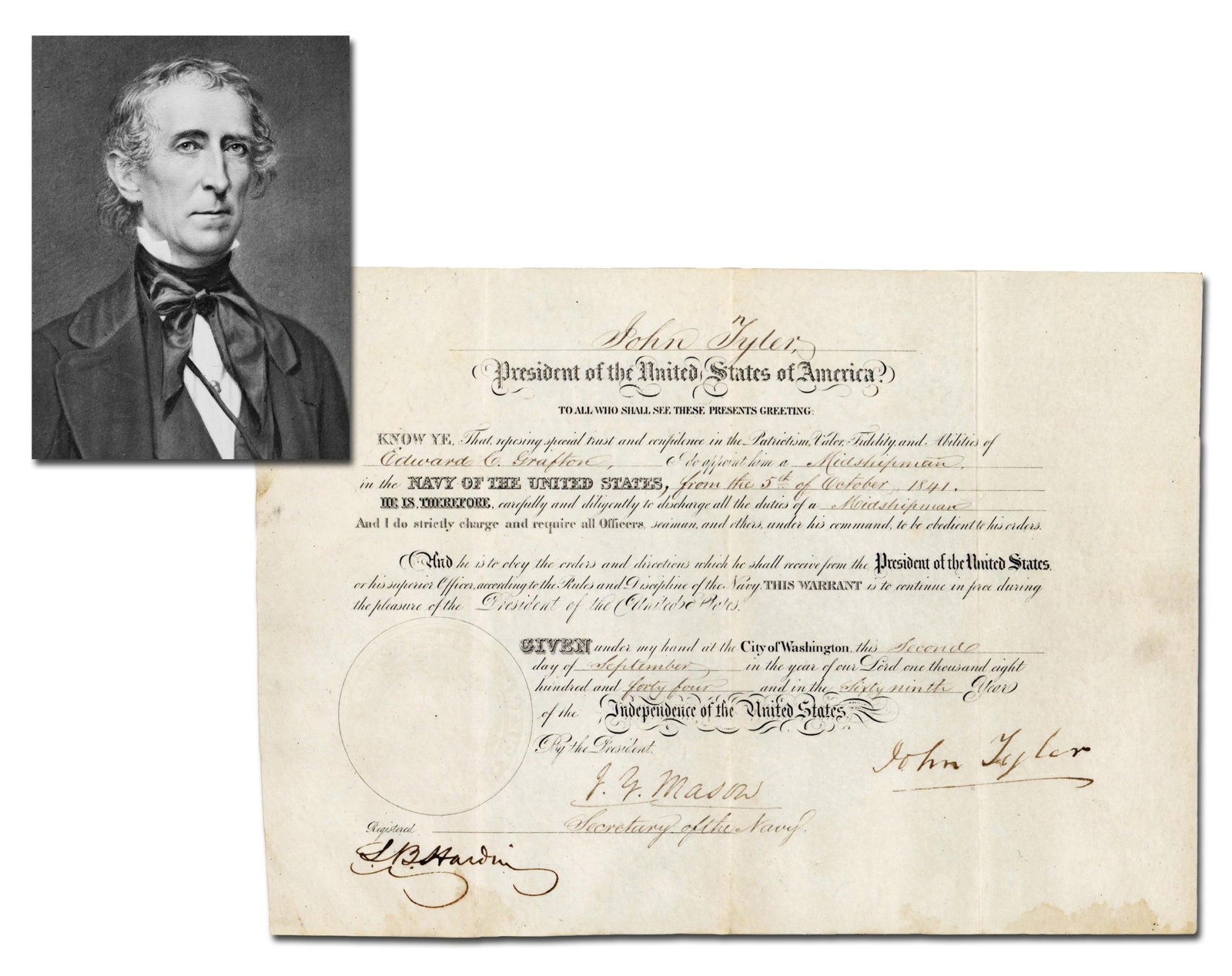 John Tyler Appoints the Commander of the USS Gettysburg: John Tyler Washington, DC, September 2, 1845 John Tyler Appoints the Commander of the USS Gettysburg Partially Printed DS John Tyler (1790-1862). Partial printed, partial manuscript document signed,