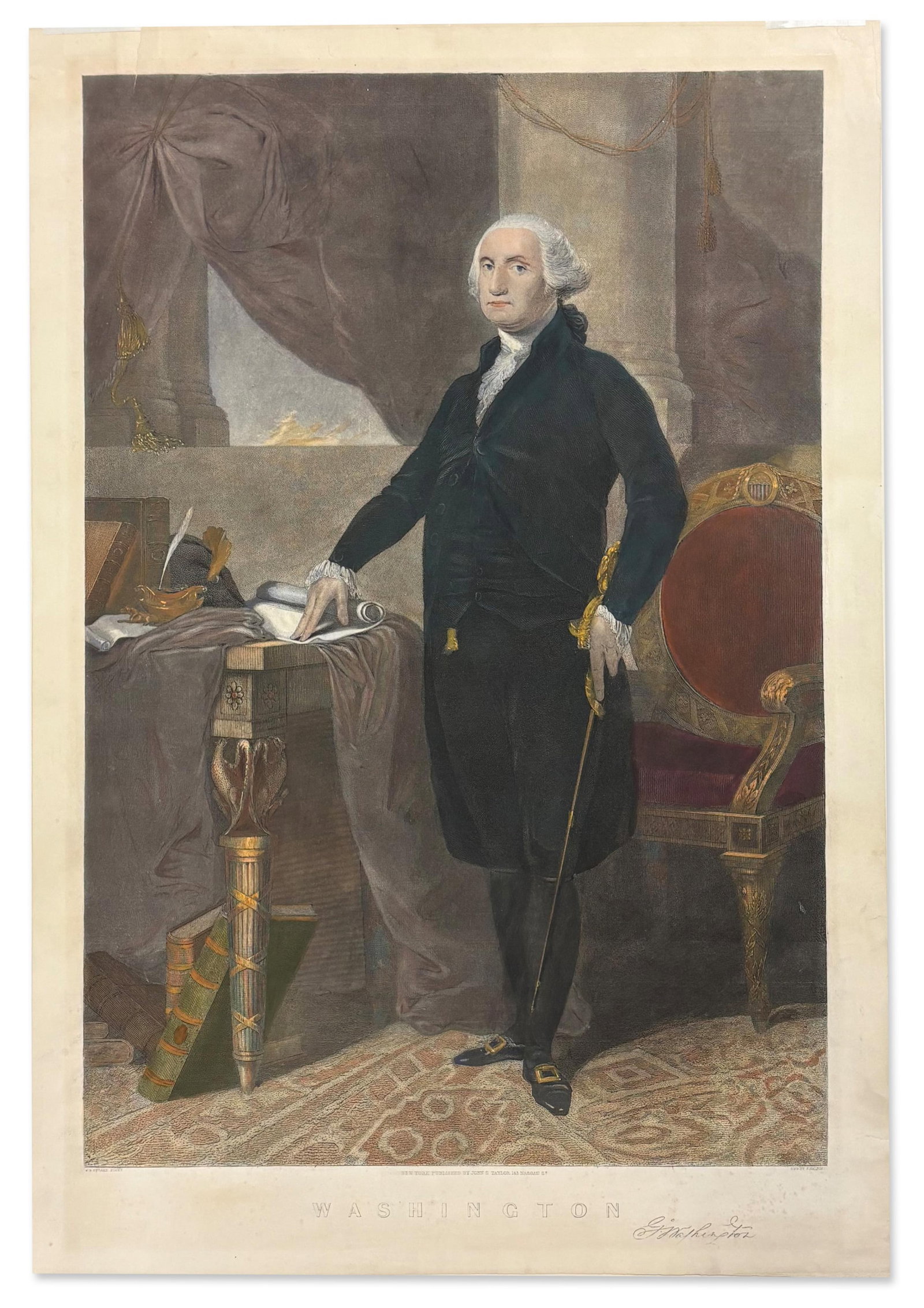 George Washington Hand-colored Mezzotint After G. Stuart's "Tea Pot Portrait": George Washington New York, NY, ca. 1848 George Washington Hand-colored Mezzotint After G. Stuart's "Tea Pot Portrait" Engraving George Washington mezzotint after the Gilbert Stuart painting. Large