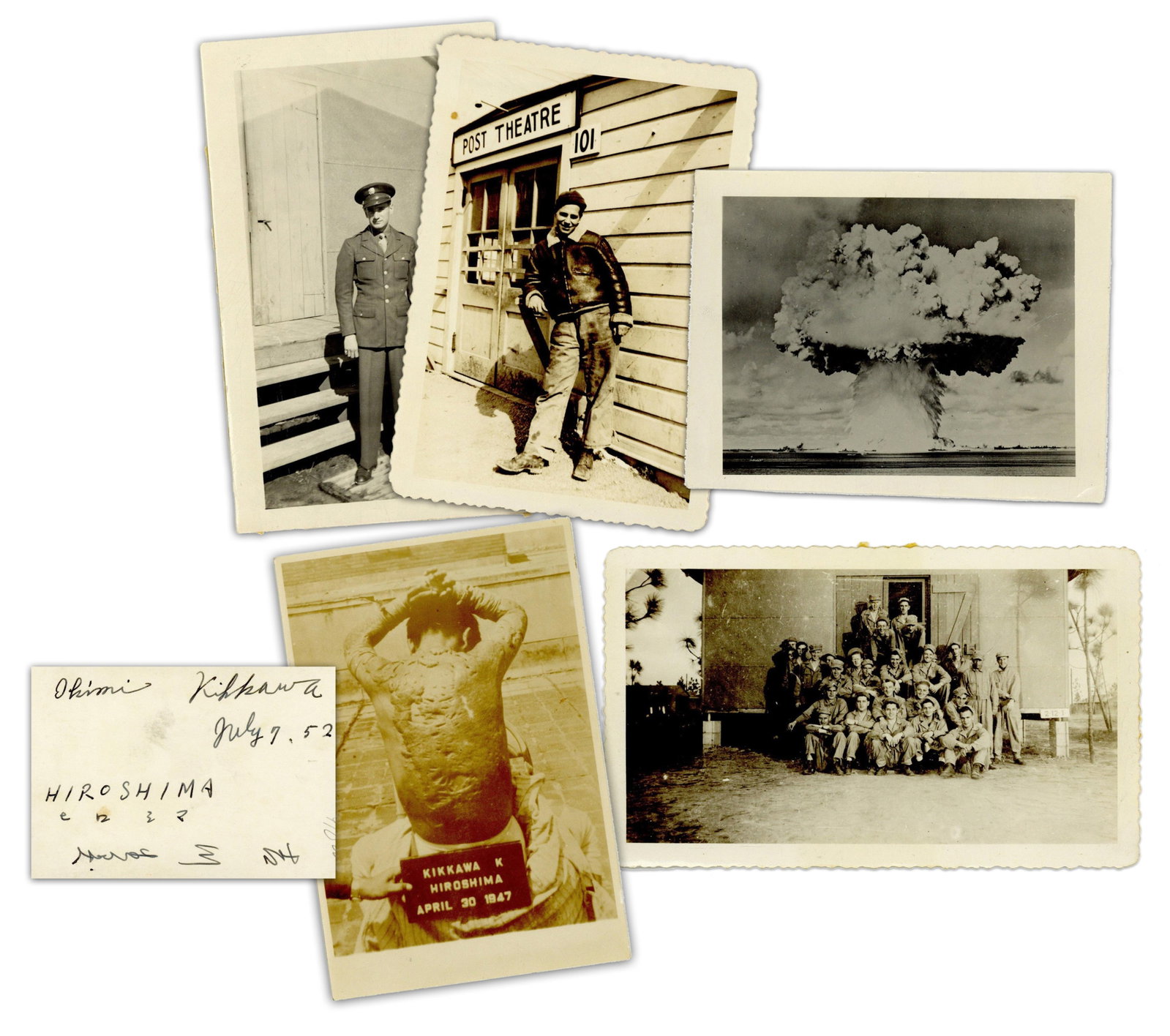 (5) Atomic Bomb/World War II Photos, Incl. One Showing "A-Bomb Victim No. 1" Possibly Signed By His: Atomic Bomb various, ca. 1942-1952 (5) Atomic Bomb/World War II Photos, Incl. One Showing "A-Bomb Victim No. 1" Possibly Signed By His Wife 7 Years After Blast Archive A small group of World War