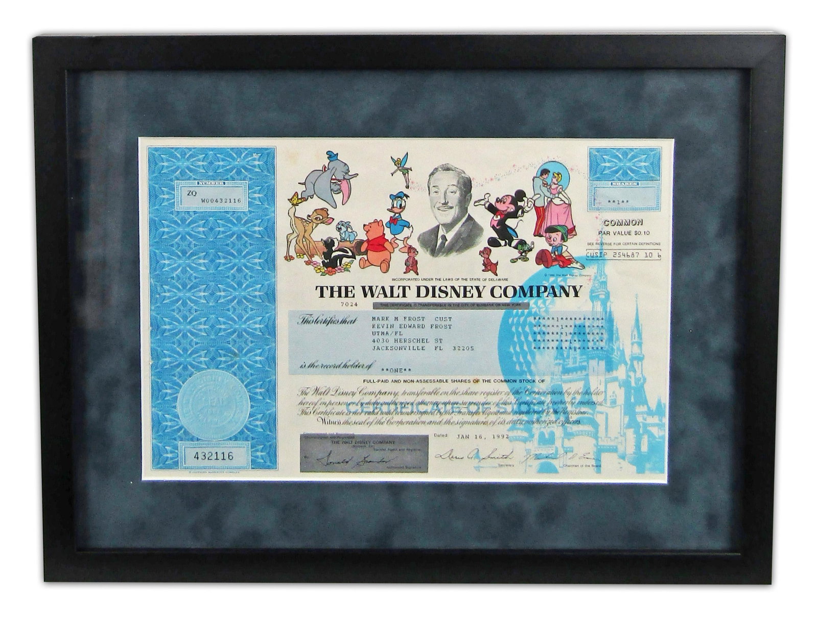 Walt Disney Company Stock Certificate Dating From Early 90s Disney Renaissance!: Walt Disney n.p., ca. January 16, 1992 Walt Disney Company Stock Certificate Dating From Early 90s Disney Renaissance! Document A Certificate of Stock from The Walt Disney Company, dated January 16, 1