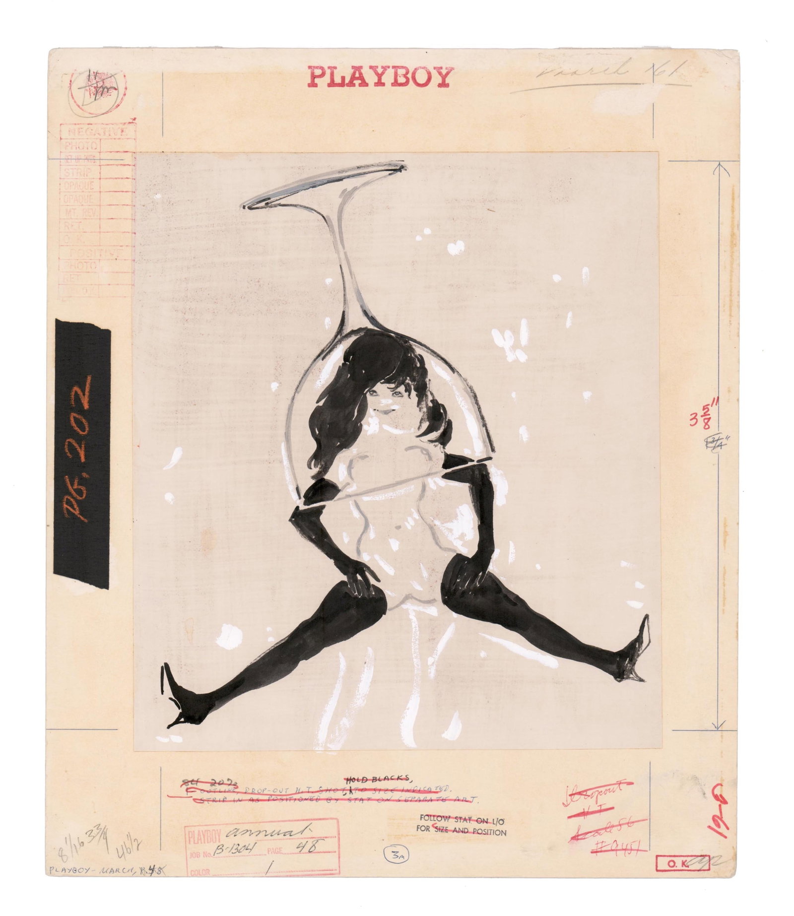 LeRoy Neiman Original "Femlin" Art for March 1961 Issue of Playboy: LeRoy Neiman n.p., March 1961 LeRoy Neiman Original "Femlin" Art for March 1961 Issue of Playboy Art Original ink and watercolor illustration, "Femlin in a Wine Glass", by artist LeRoy Neiman (1921-20