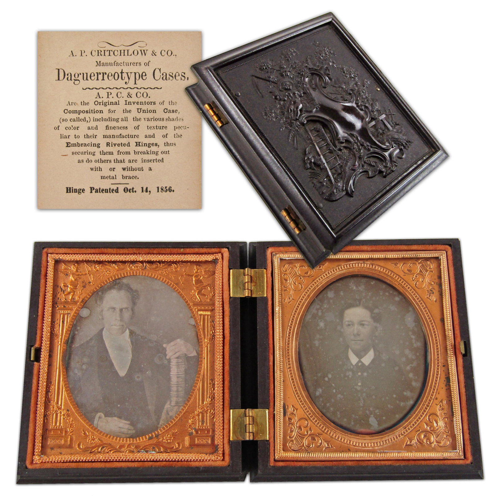 A.P. Critchlow & Co. Thermoplastic Union Case Containing (2) Sixth Plate Daguerreotypes - Gorgeous!: 19th C. Photography n.p., ca. 1856 A.P. Critchlow & Co. Thermoplastic Union Case Containing (2) Sixth Plate Daguerreotypes - Gorgeous! Photographs An A.P. Critchlow & Co. (Florence, Massachusetts) the