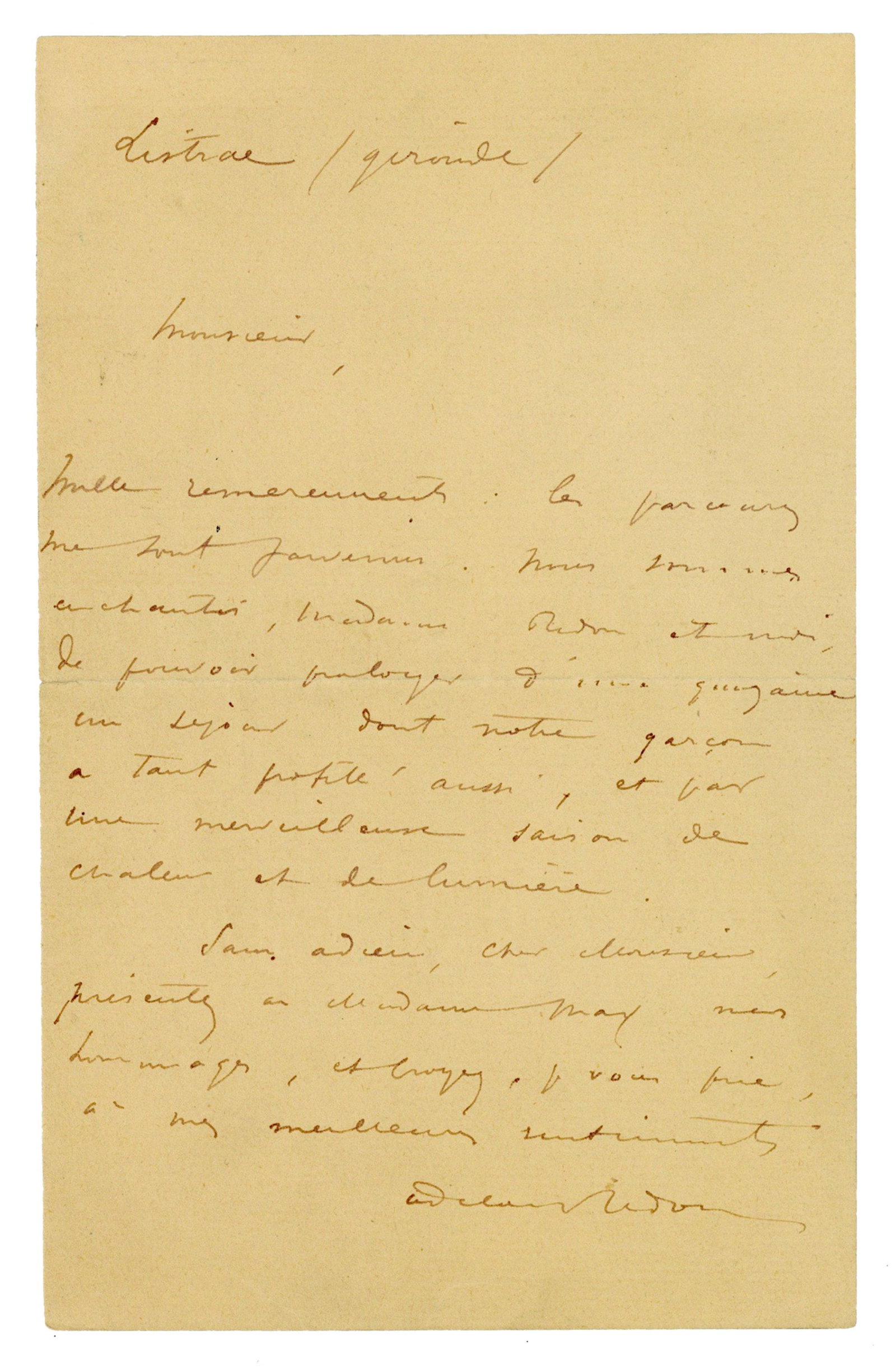 Odilon Redon 2x Signed ALS: "a marvelous season of heat and color" (1 of 3)
