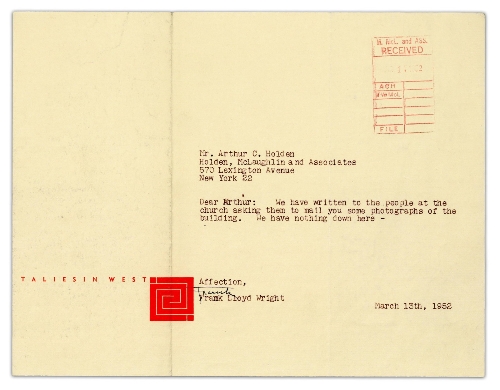 F.L. Wright TLS To Fellow Architect Re: Church, A Probable Wright Project (1 of 3)