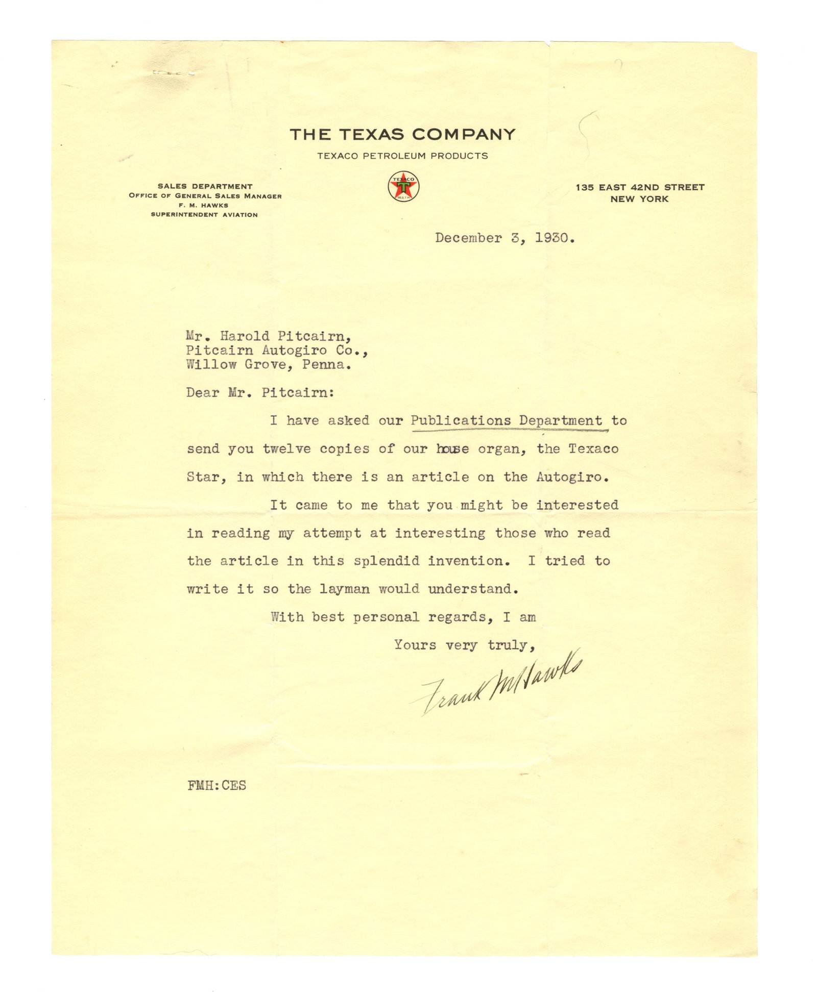 Pioneering Aviator Frank Hawks TLS to Inventor of Autogiro, a "Splendid Invention" (1 of 2)
