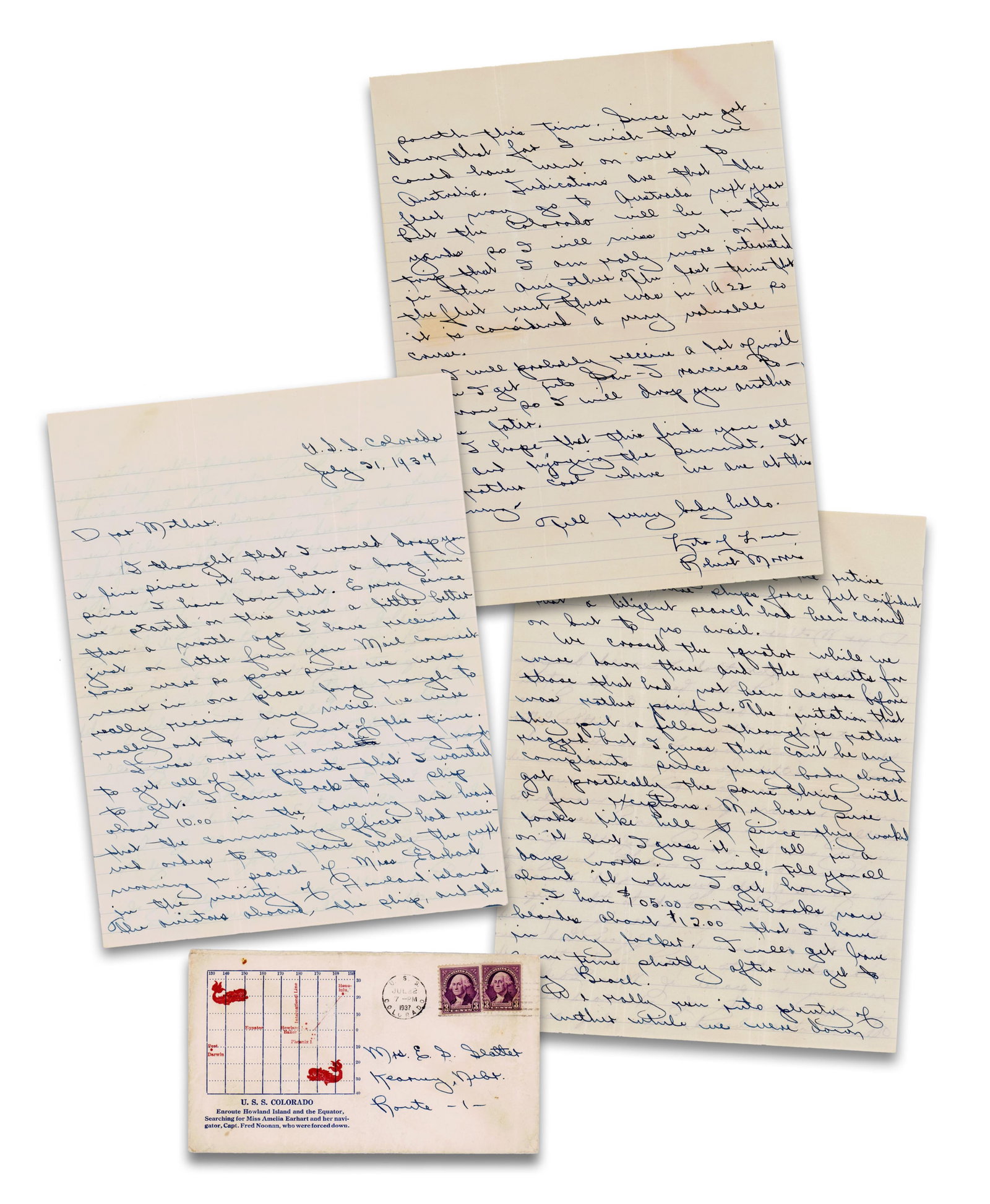 The Search For Amelia Earhart! "The entire ship's force felt confident... but to no avail.": Amelia Earhart U.S.S. Colorado, near Howland Island, July 21, 1937 The Search For Amelia Earhart! "The entire ship's force felt confident... but to no avail." ALS A lengthy autographed letter from