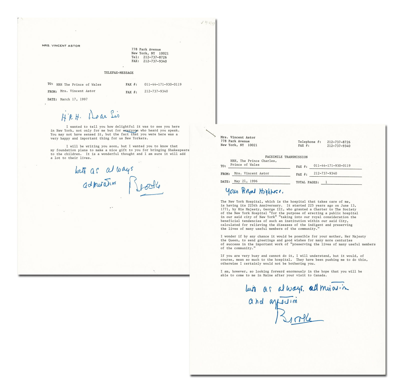 Brooke Astor Pair of Signed Fax Transmissions to Prince Charles, "With as always admiration": Brooke Astor New York, NY, ca. 1996-1197 Brooke Astor Pair of Signed Fax Transmissions to Prince Charles, "With as always admiration" TDS Brooke Astor (1902-2007). A typed document signed, "Brooke,"
