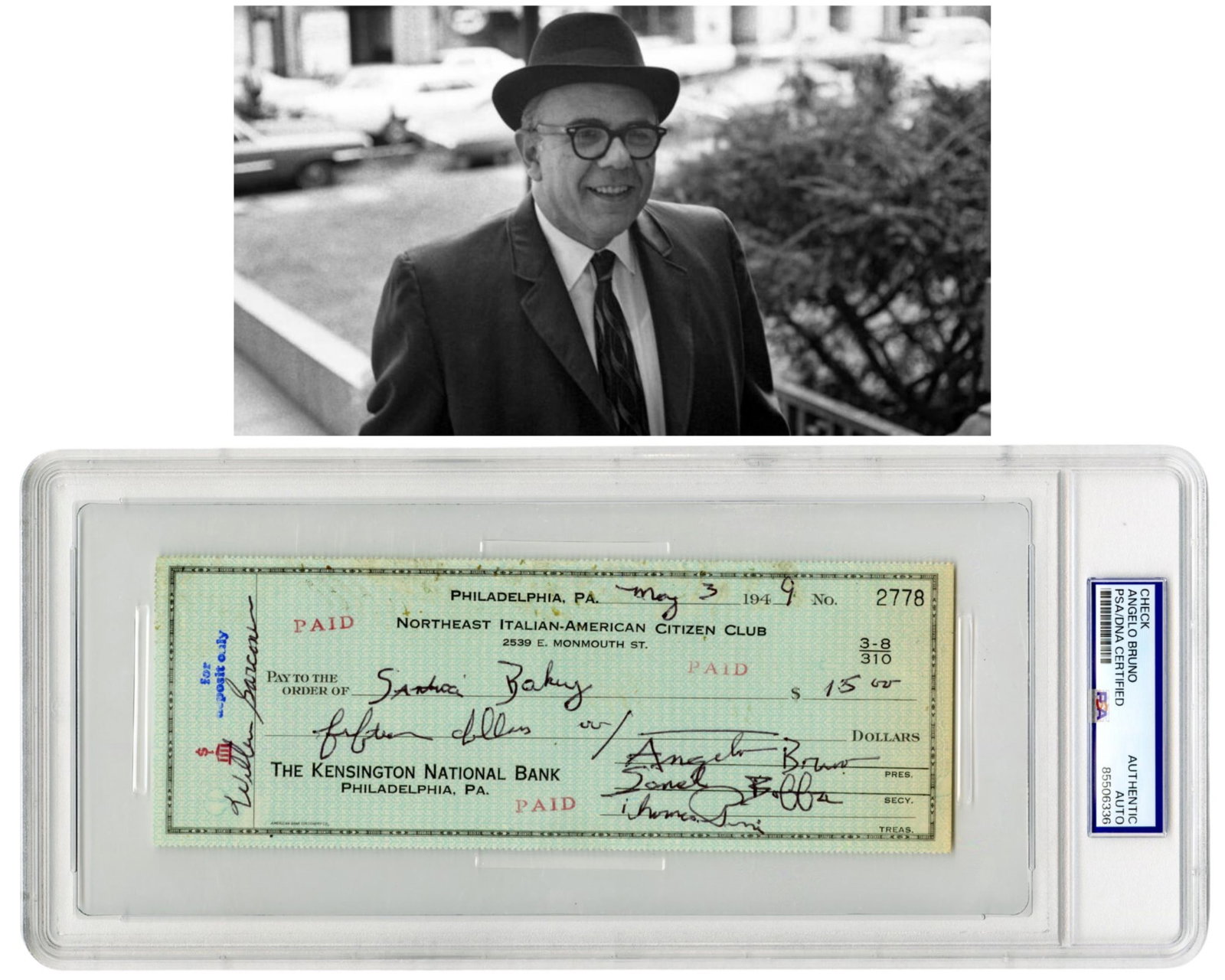 Angelo Bruno Signed Check PSA Encapsulated, Portrayed by Keitel in The Irishman! The Gentle Don! (1 of 3)