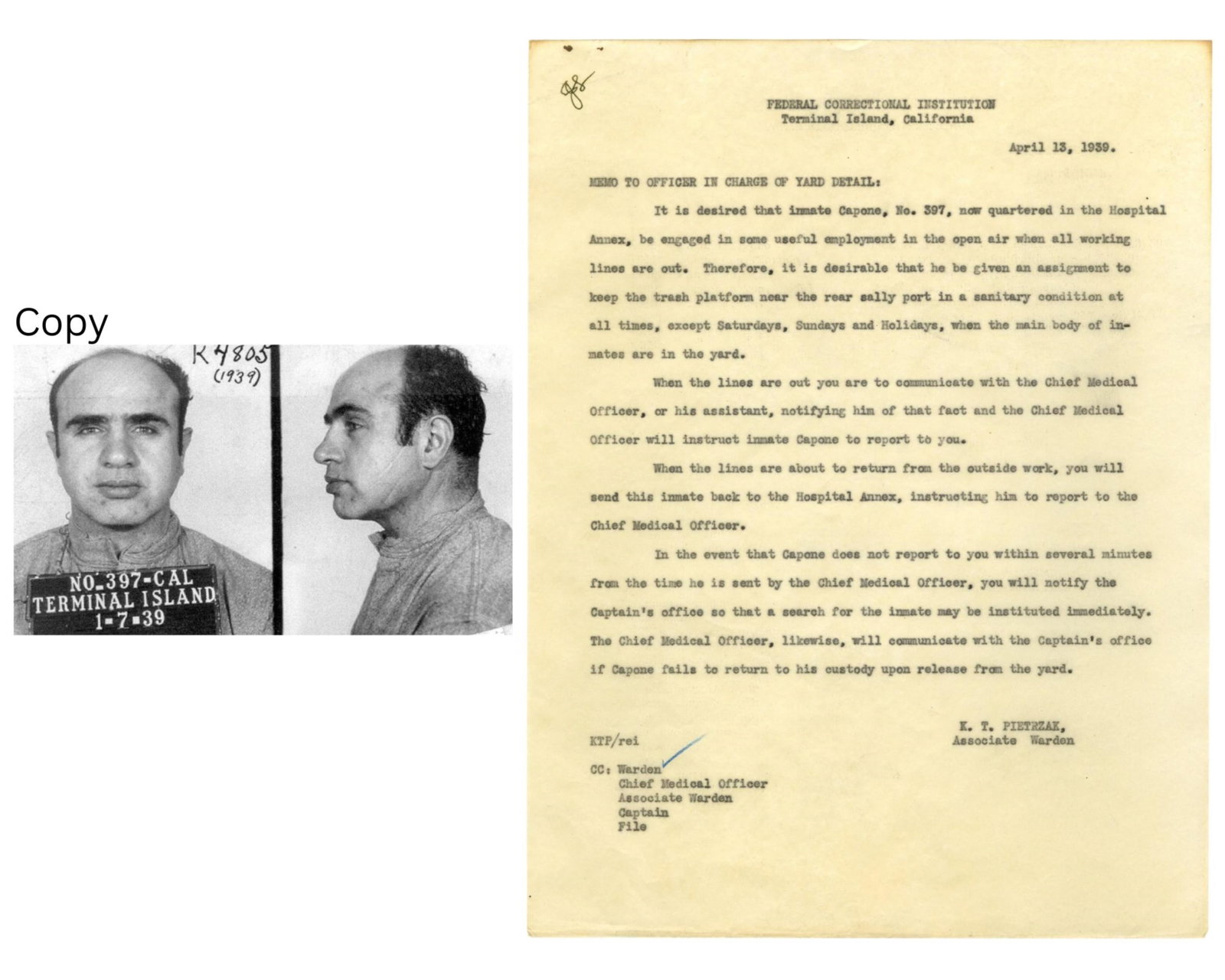 Al Capone Escape Prison Doc. from Warden, "the event that Capone does not report... a search for the: Al Capone Terminal Island, CA, April 13, 1939 Al Capone Escape Prison Doc. from Warden, "the event that Capone does not report... a search for the inmate may be instituted immediately," Unique!