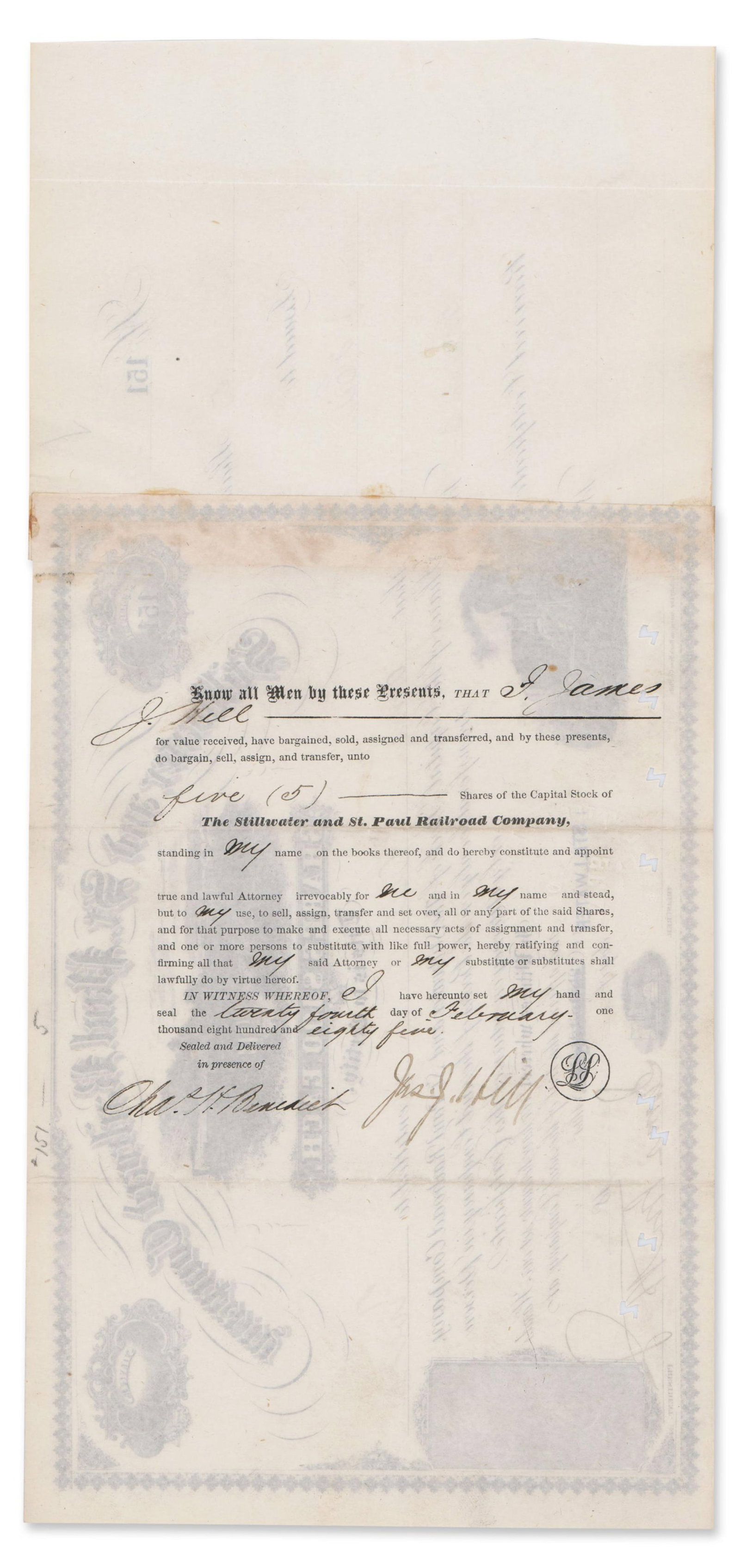 James Hill Signed Stillwater and St. Paul Railroad Stock (1 of 2)