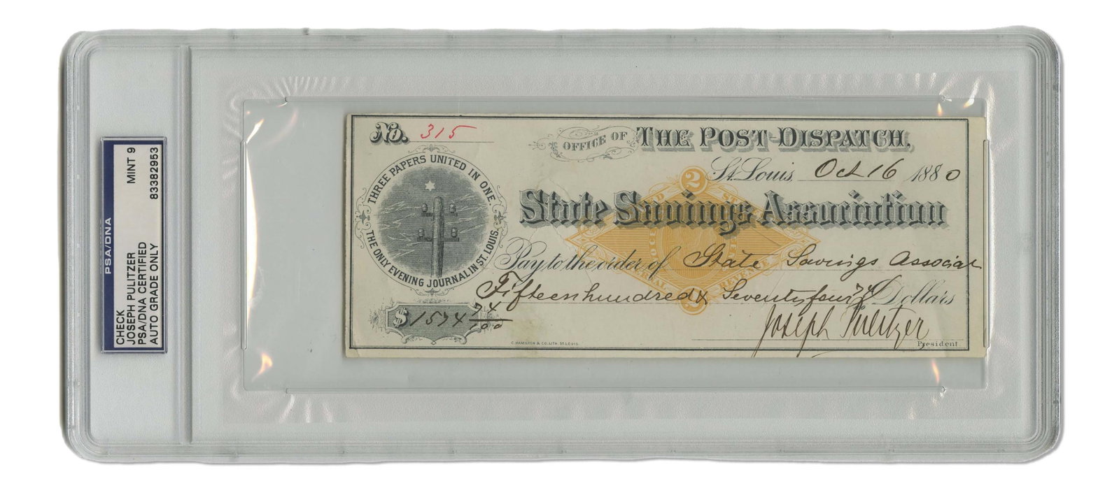 Joseph Pulitzer Signed Check PSA Slabbed MINT 9 (1 of 2)