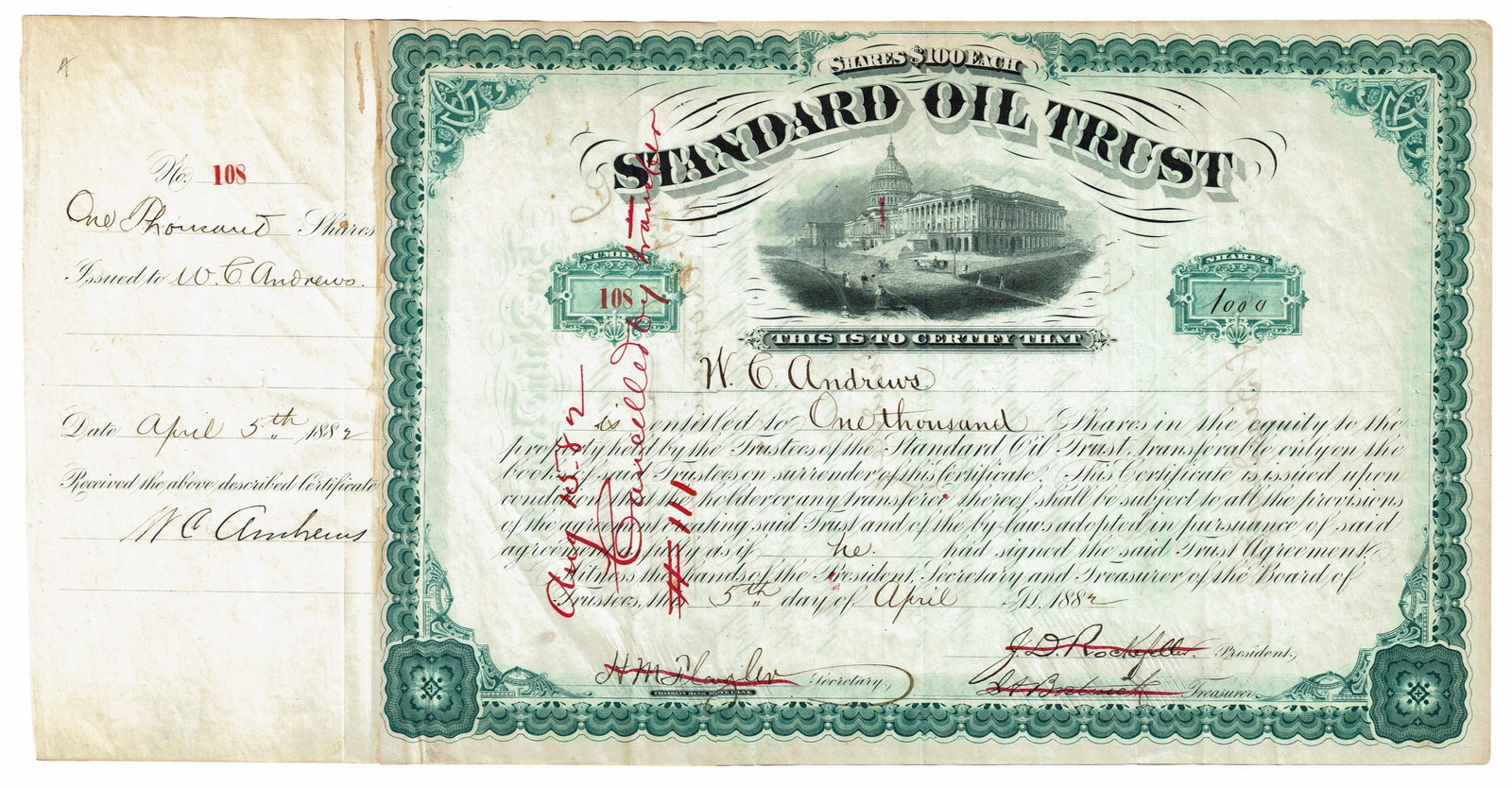 Rockefeller & Flagler Signed Standard Oil Stock Certificate for 1,000 Shares in 1882, with: John D. Rockefeller n.p., April 5, 1882 Rockefeller & Flagler Signed Standard Oil Stock Certificate for 1,000 Shares in 1882, with Significant Standard Oil Association Partially Printed DS A green Sta