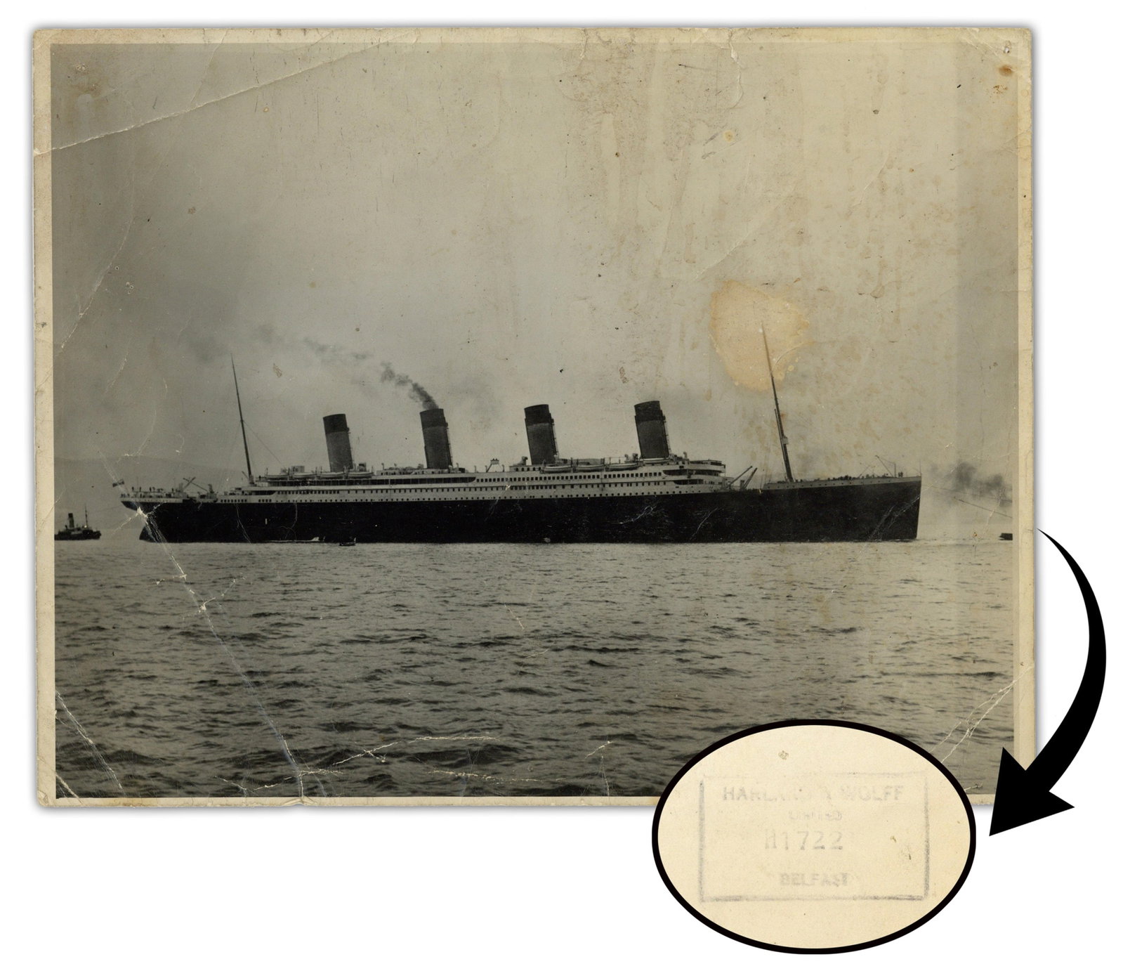 Official Harland & Wolff Glass Plate Printed Photograph of Titanic Sea Trials on April 2!: Titanic n.p., n.d. Official Harland & Wolff Glass Plate Printed Photograph of Titanic Sea Trials on April 2! Photograph An official Harland & Wolff original glass plate printed photograph showing the