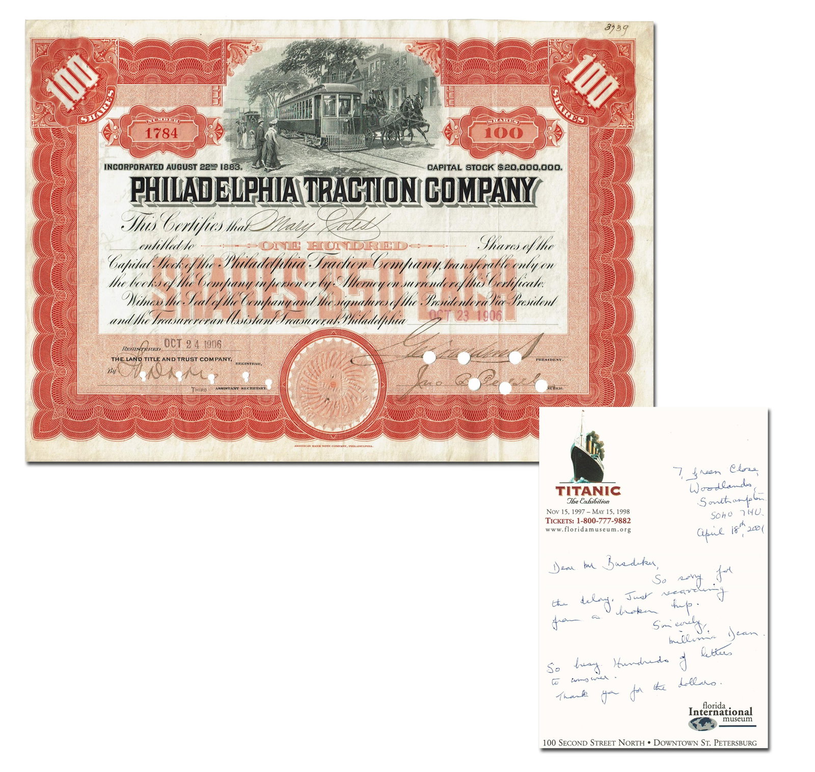 Pair of Titanic Items: George Widener Signed 1906 Stock Certificate & Millvina Dean ALS on Titanic: Titanic Philadelphia, PA & Southampton, England, ca. 1906-2001 Pair of Titanic Items: George Widener Signed 1906 Stock Certificate & Millvina Dean ALS on Titanic Letterhead ALS and DS A stock