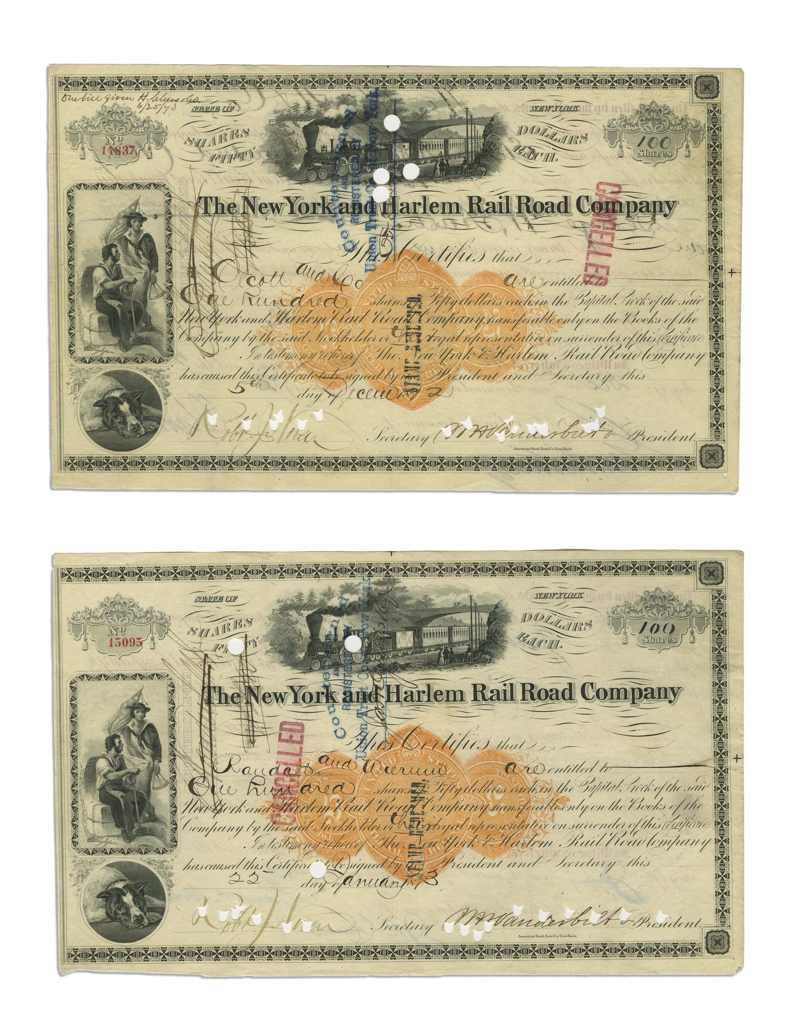 Pair of Vanderbilt Signed New York & Harlem Railroad Co. Stock Certificates (1 of 2)