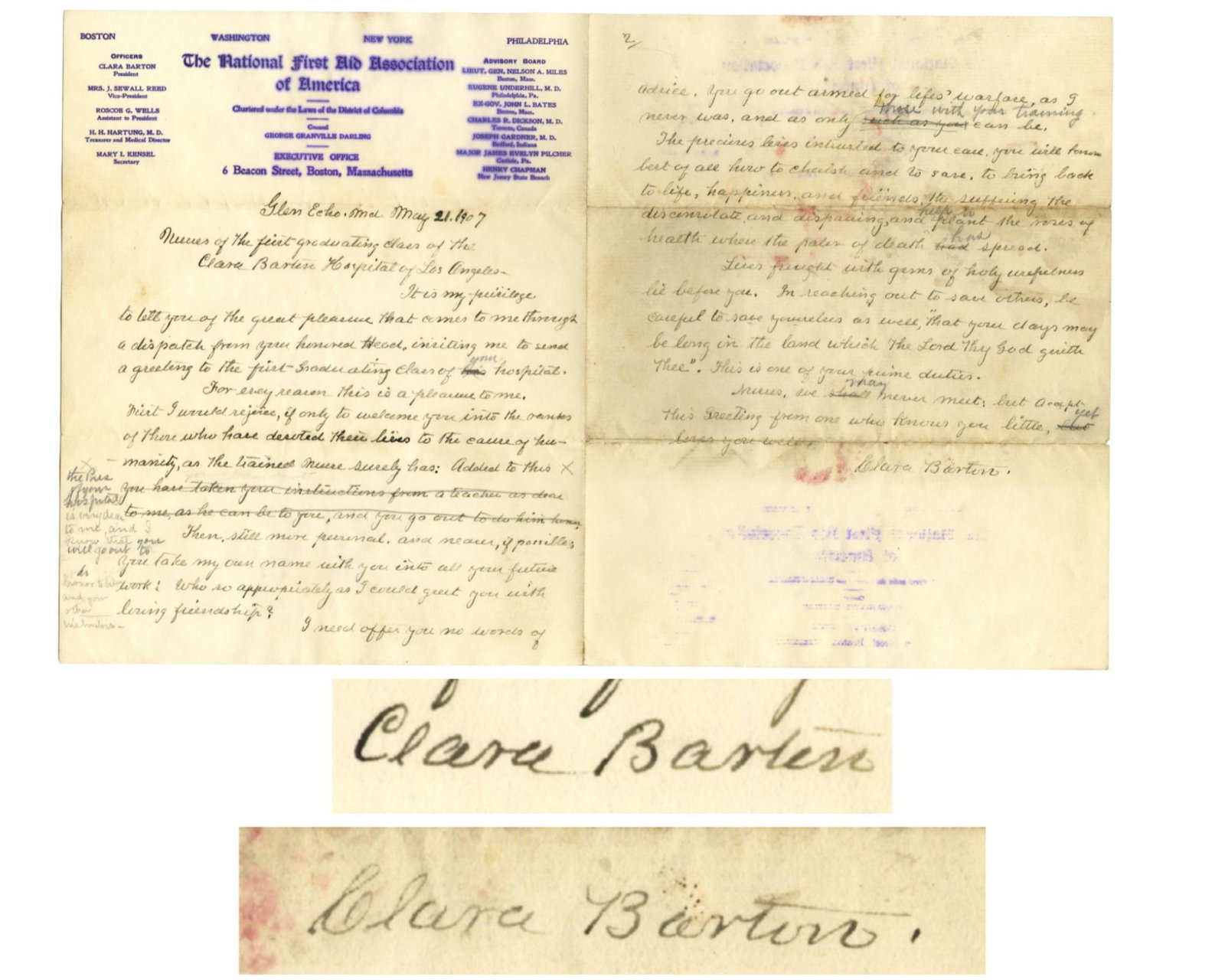 Clara Barton "In reaching out to save others, be careful to save yourselves," Fantastic 2x Signed (1 of 4)