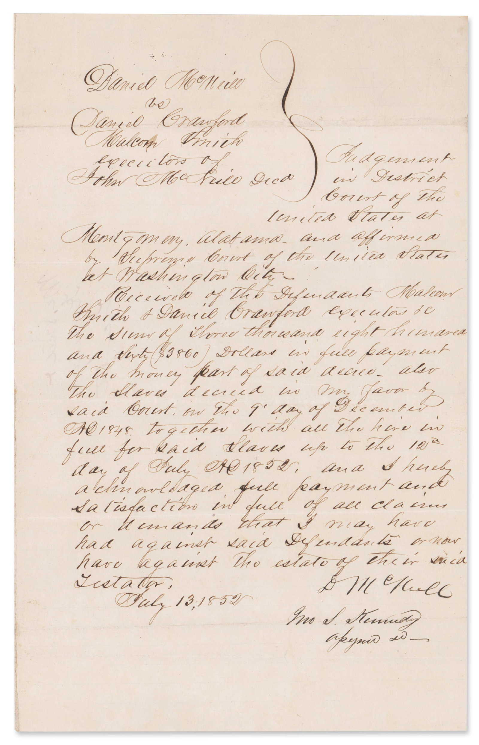 Legal Judgment Including Transfer Ownership of Slaves and Their Hire Fees (1 of 2)