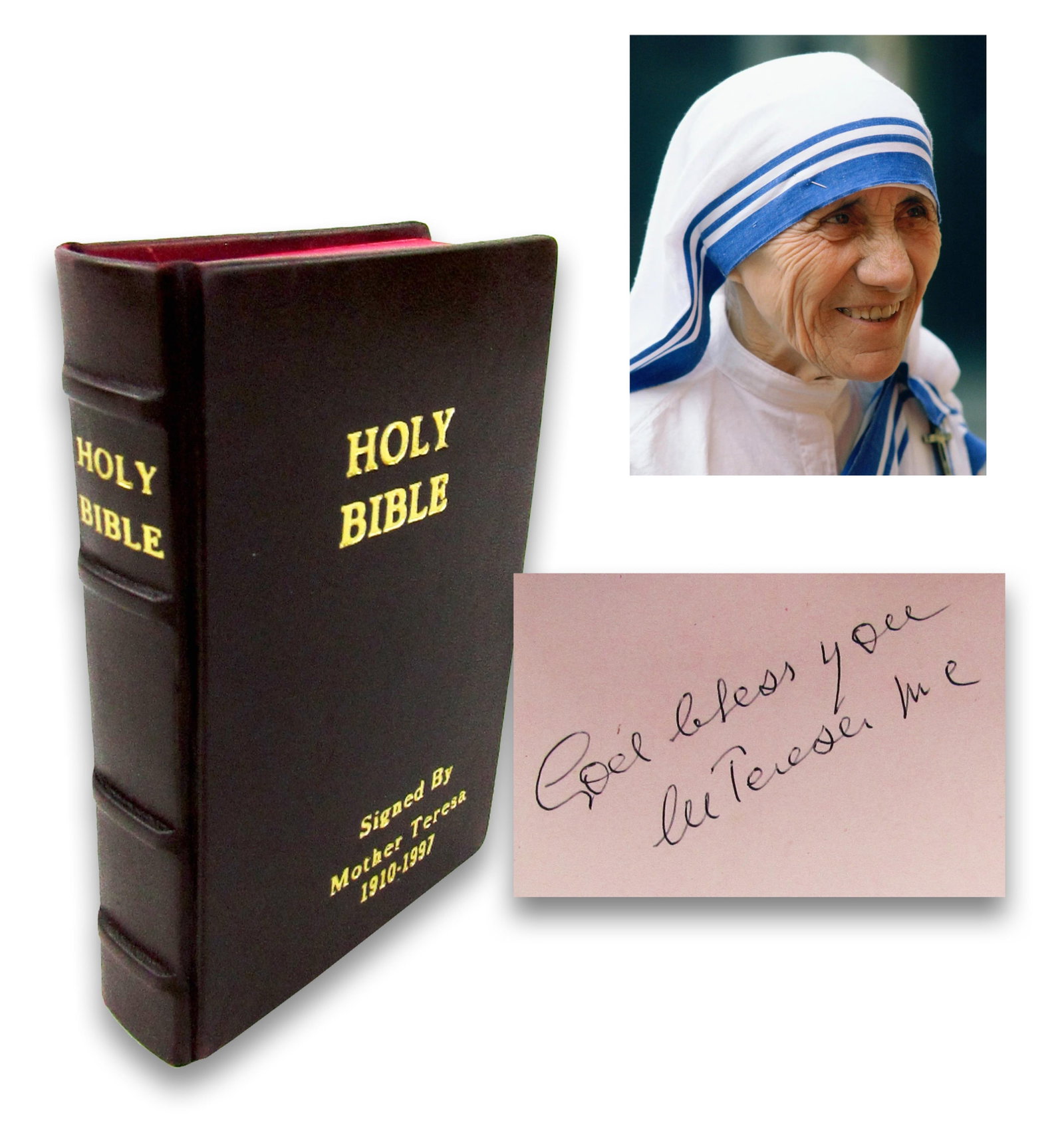 Mother Teresa Signed Page in Leather Bound Bible, Beautiful Presentation (1 of 7)