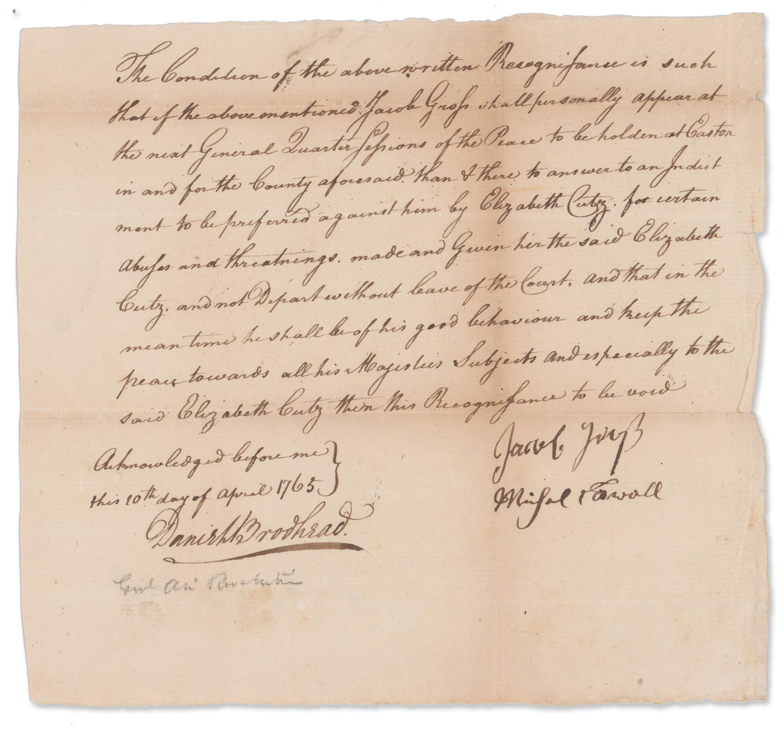 Prior to Joining the Fight for Liberty, Gen. Brodhead Signs a Recognizance for a Man Indicted for (1 of 2)