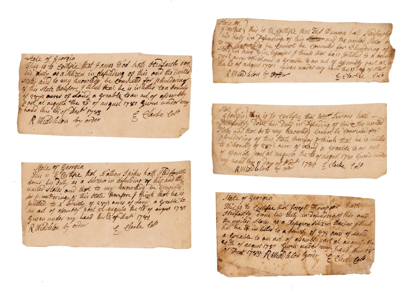 Col. Elijah Clarke Lot of 5 MDS re: Georgia Land Bounty (1 of 4)