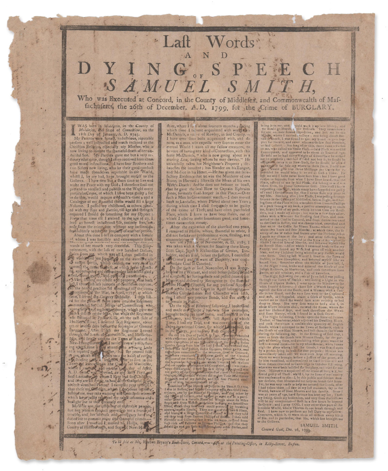 Last Words and Dying Speech of Samuel Smith: "I shall in a few hours be beyond the Grave" (1 of 2)