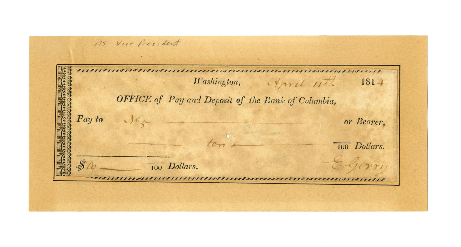 Elbridge Gerry Signed Check in 2nd Month as Vice President (1 of 3)
