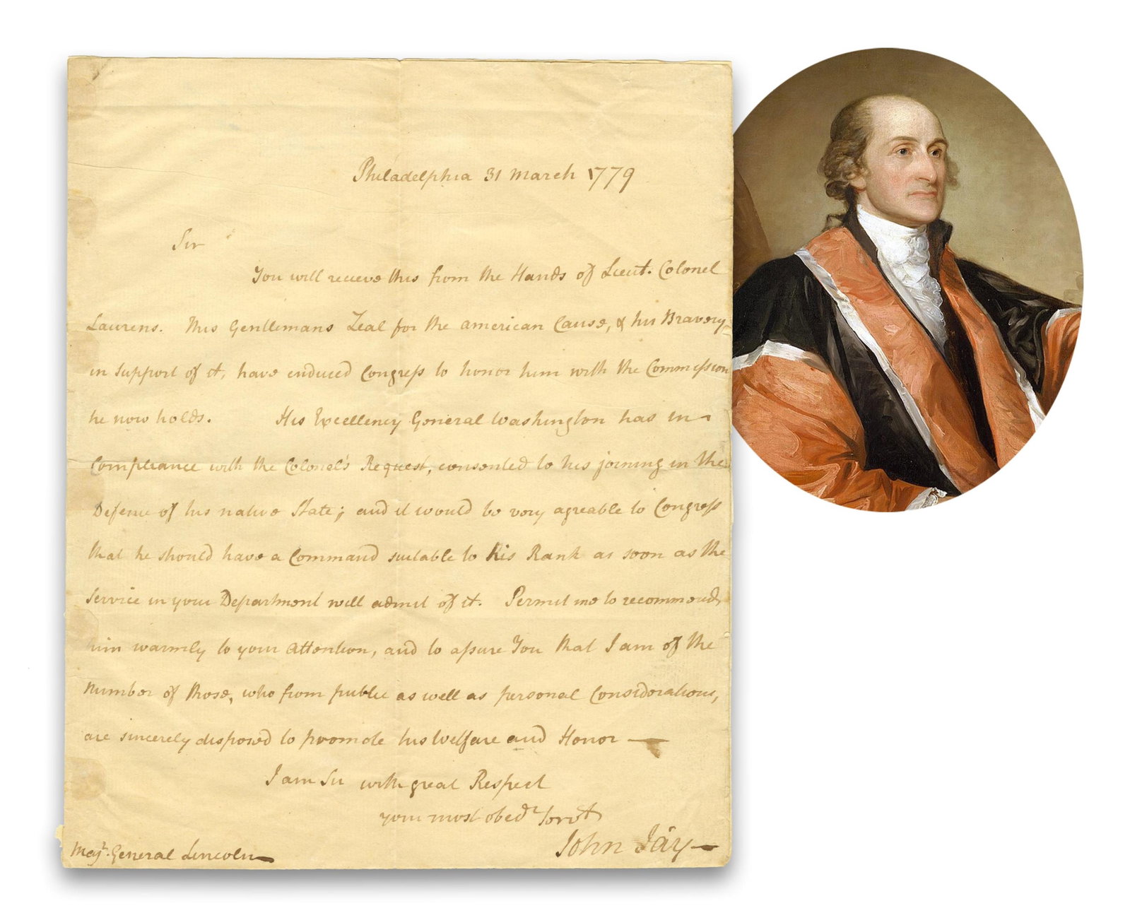 John Jay ALS Re: Col. Laurens, In SC to Raise a Regiment of Slaves to Fight Against the British, (1 of 6)