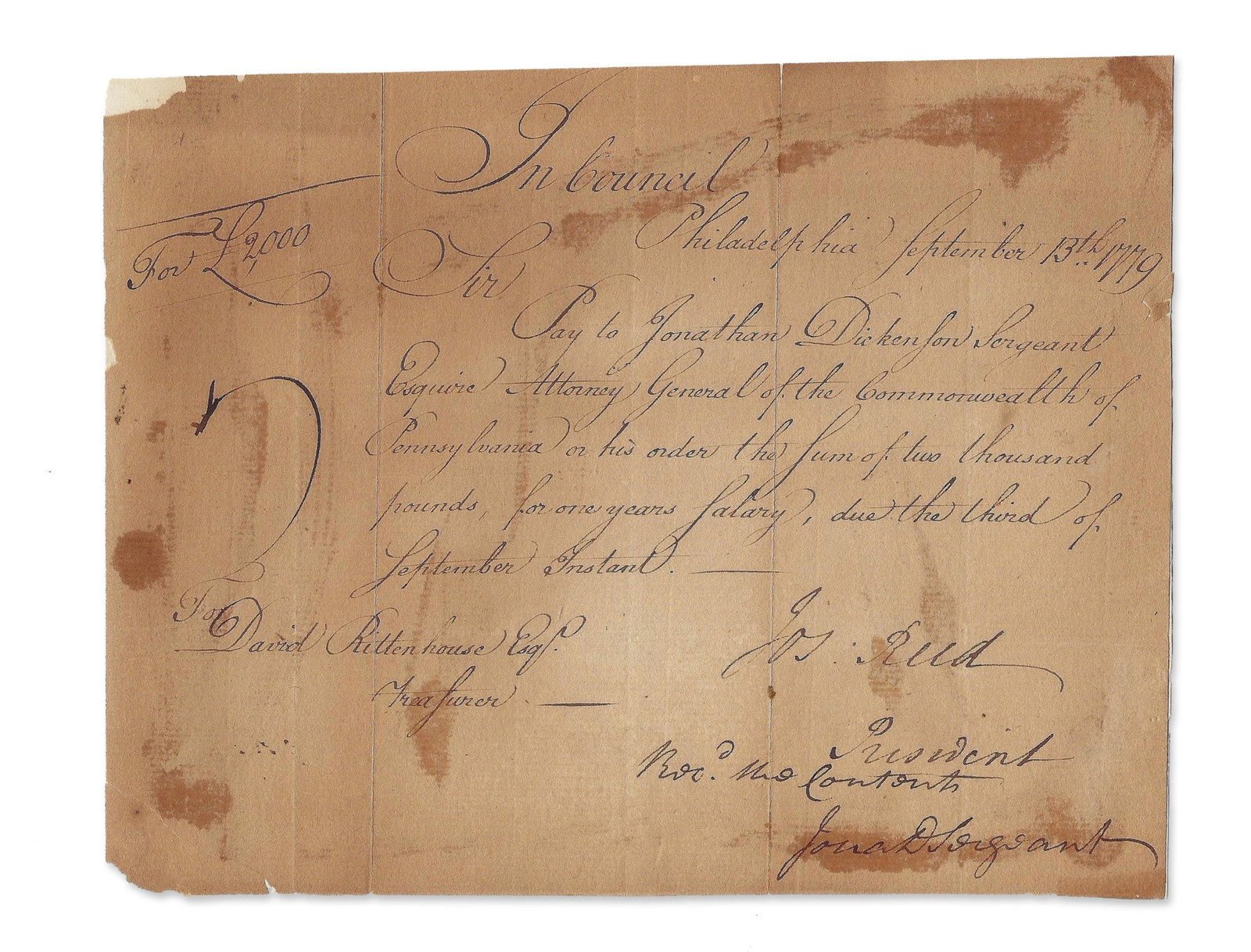 Joseph Reed Pay Order to Son of Liberty, Jonathan Dickinson Sergeant (1 of 2)