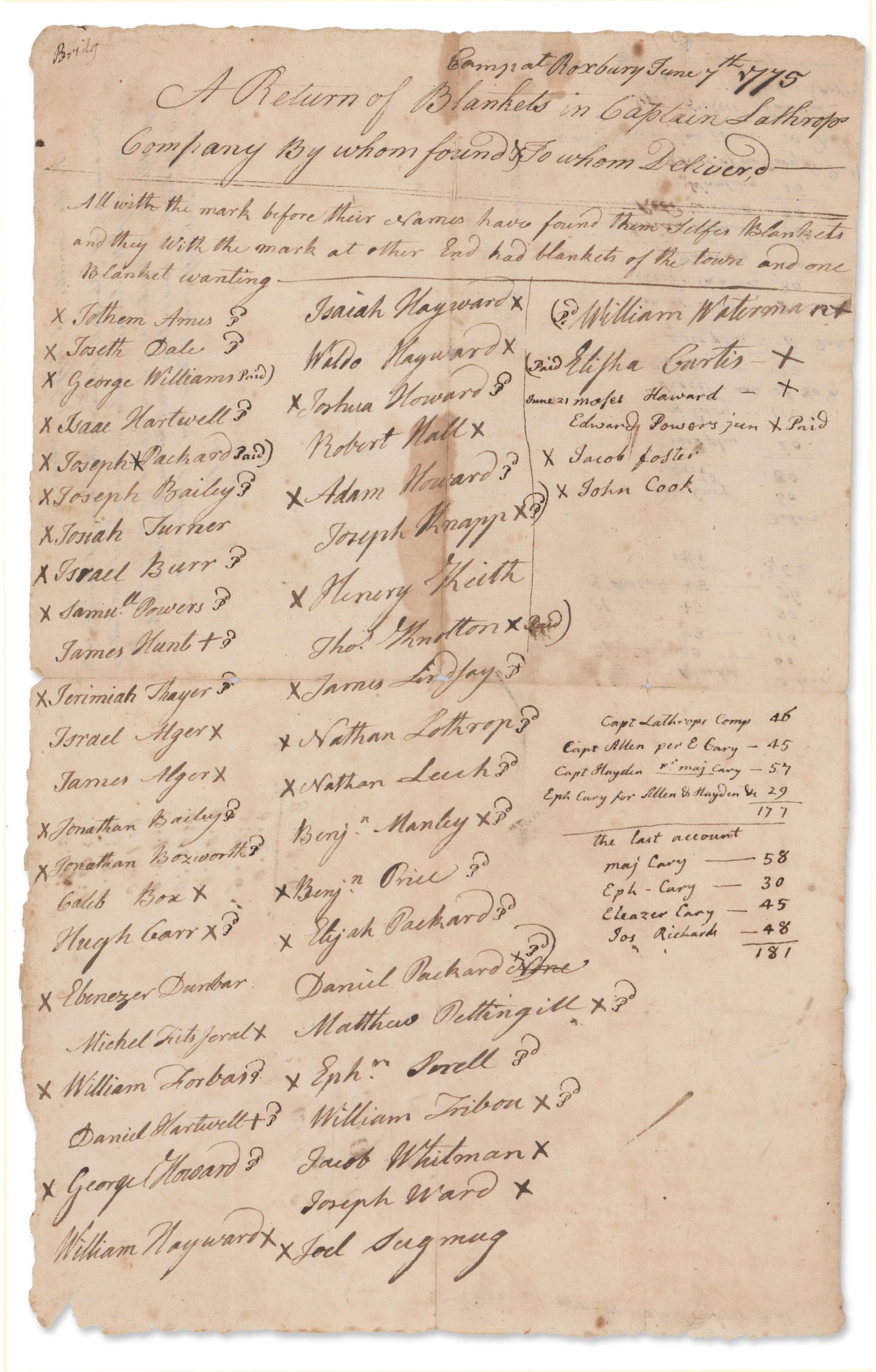 Just Before George Washington's Arrival, Returns for Capt. Lathrop's Men at the Start of the Siege: Revolutionary War Roxbury, MA, June 7, 1775 Just Before George Washington's Arrival, Returns for Capt. Lathrop's Men at the Start of the Siege of Boston! MD Revolutionary War manuscript document, a