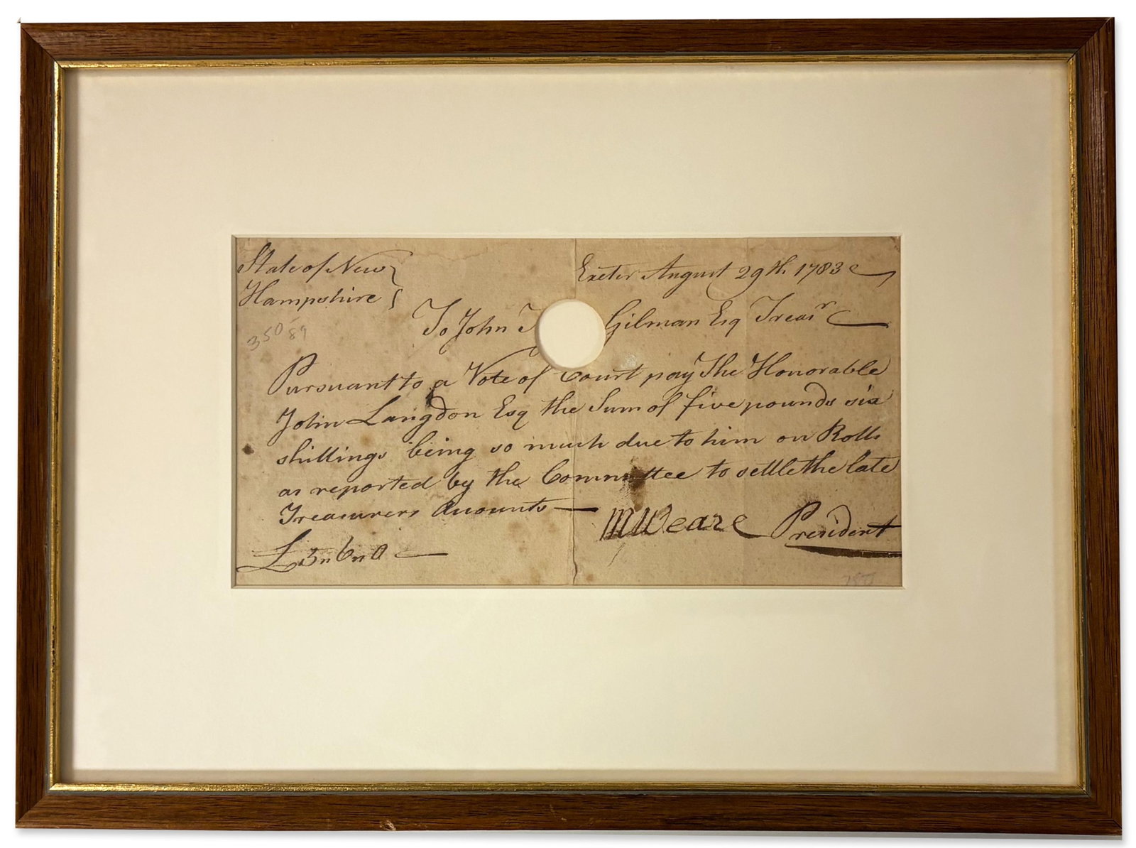 Meschech Weare Signed Pay Warrant Issued to Constitution Signer John Langdon: Meschech Weare Exeter, NH, August 29, 1783 Meschech Weare Signed Pay Warrant Issued to Constitution Signer John Langdon DS Meschech Weare signed pay warrant as President of New Hampshire. 1p.,
