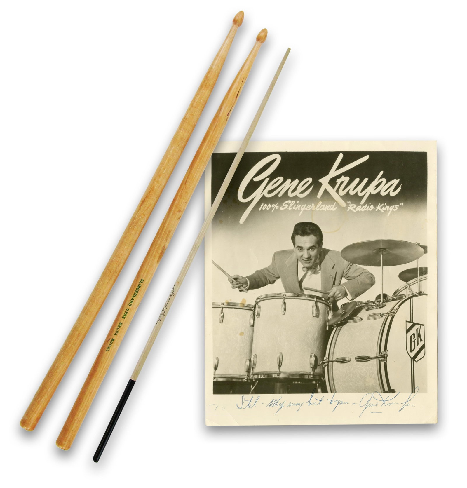 Gene Krupa Used Drumsticks & Signed Presentation Photo, w/ Bonus Sammy Kaye Baton!: 20th C. Bandleaders n.p., ca. 1940s-50s Gene Krupa Used Drumsticks & Signed Presentation Photo, w/ Bonus Sammy Kaye Baton! Archive An interesting collection of material related to notable 20th