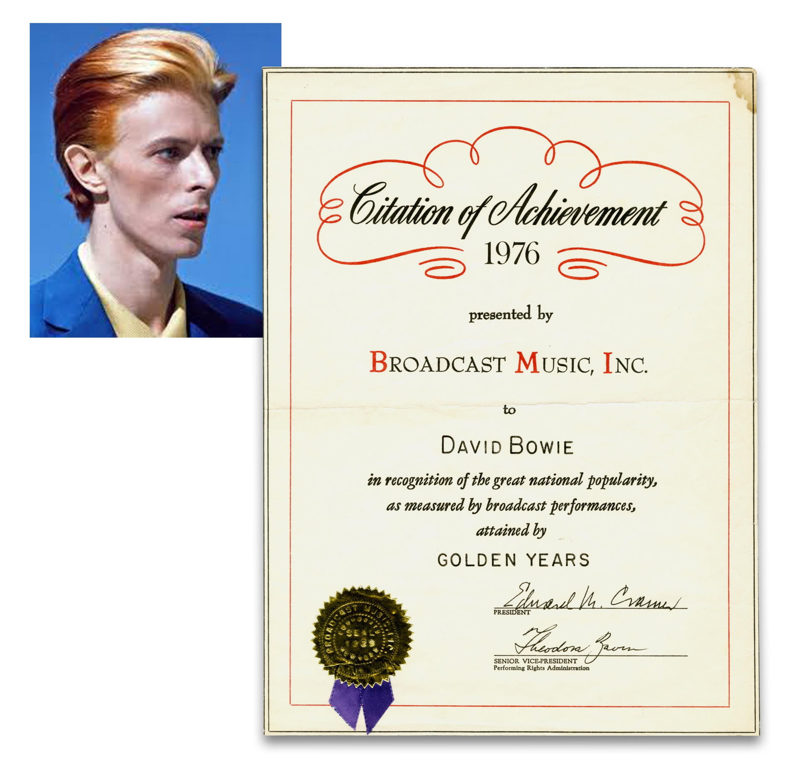 David Bowie 1976 BMI Citation of Achievement Award For "Golden Years": David Bowie n.p., ca. 1976 David Bowie 1976 BMI Citation of Achievement Award For "Golden Years" Printed document A Citation of Achievement presented by Broadcast Music Inc. to David Bowie for the