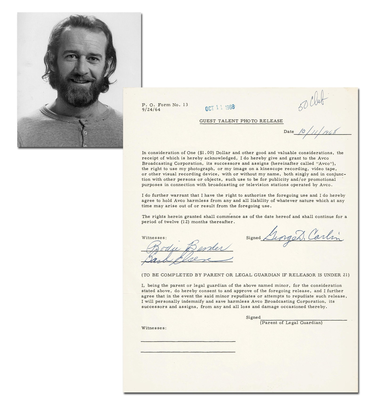 George Carlin Signed 1968 Consent Document - One of His Earliest Known Signed Items!: George Carlin n.p., October 11, 1968 George Carlin Signed 1968 Consent Document - One of His Earliest Known Signed Items! DS George Carlin (1937-2008). Typed document signed, "George D. Carlin," 1p,