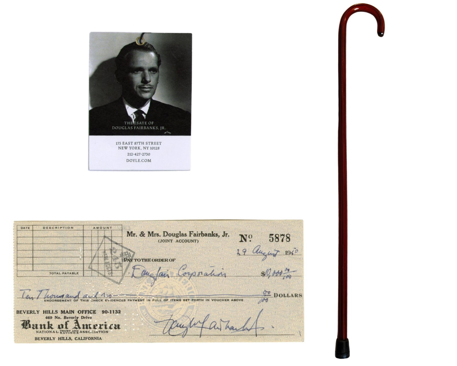 Douglas Fairbanks Jr's Walking Cane & Signed Check! Ex. Fairbanks Estate: Douglas Fairbanks, Jr. Beverly Hills, CA, August 29, 1950 Douglas Fairbanks Jr's Walking Cane & Signed Check! Ex. Fairbanks Estate Relic & Signed Check Douglas Fairbanks, Jr.'s vintage walking cane