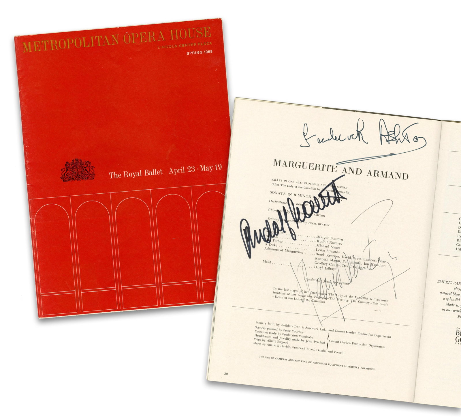 Margot Fonteyn & Rudolf Nureyev Signed Program From 1968 Performance of "Marguerite and Armand": Margot Fonteyn [New York, NY], ca. April-May, 1968 Margot Fonteyn & Rudolf Nureyev Signed Program From 1968 Performance of "Marguerite and Armand" Signed Pamphlet/Booklet A Royal Ballet program