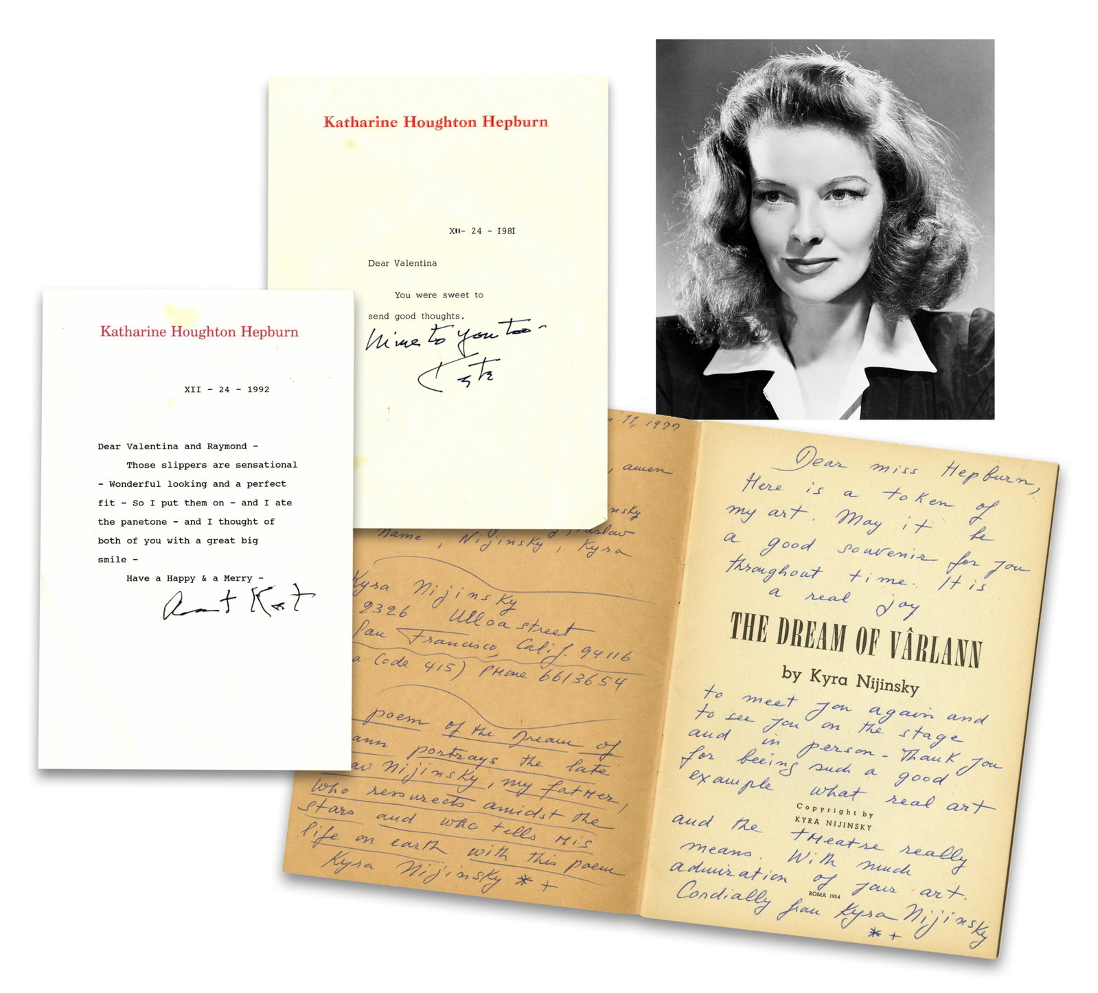Katharine Hepburn (2) TLS & Booklet Gifted by Daughter of Vaslav Nijinsky: Katharine Hepburn n.p., ca. 1981, 1992 Katharine Hepburn (2) TLS & Booklet Gifted by Daughter of Vaslav Nijinsky Archive An interesting collection of materials sent by Katharine Hepburn to her