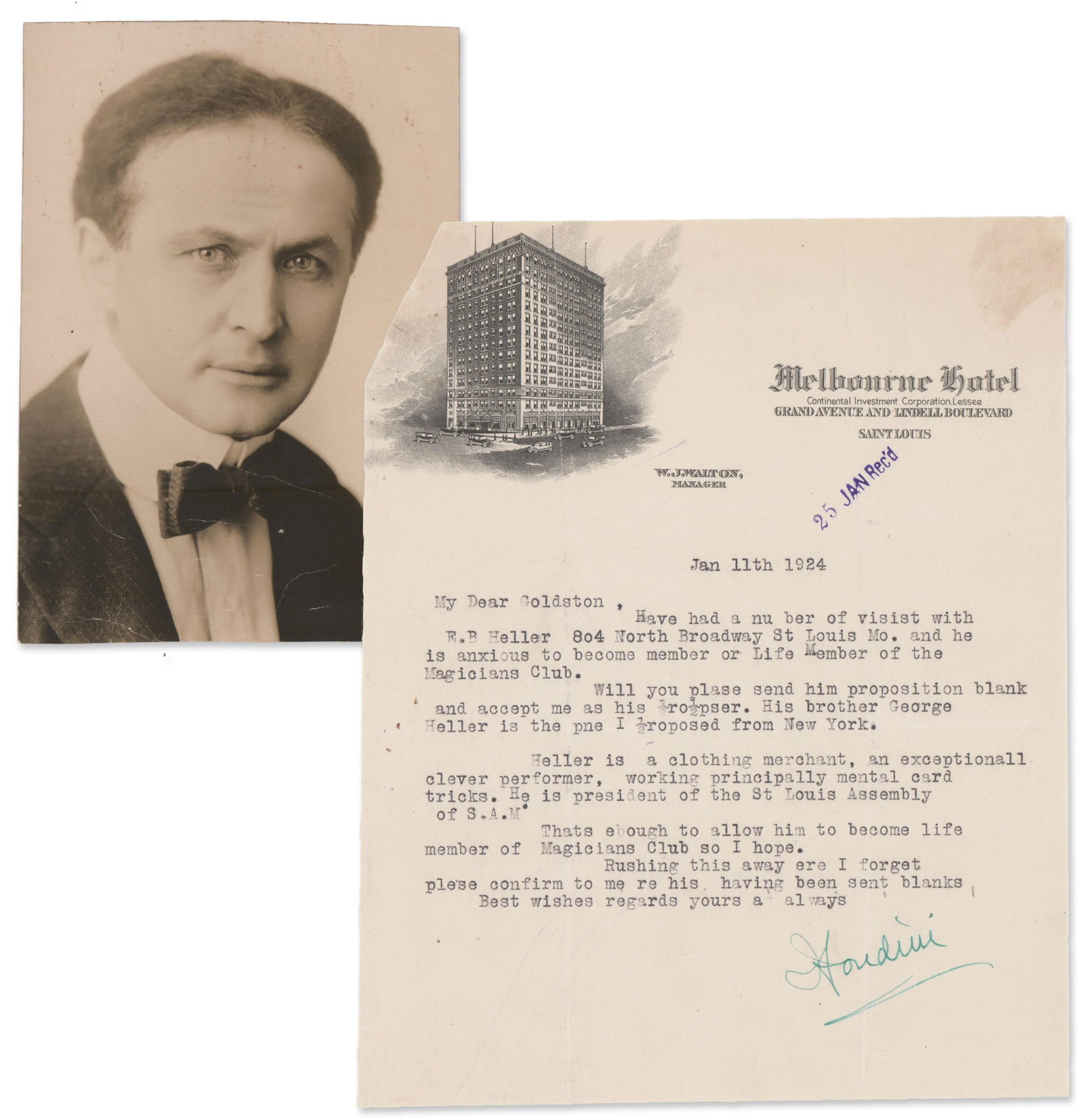Houdini TLS to Lifelong Friend W. Goldston Recommending a Magician in "mental card tricks" to the: Harry Houdini Saint Louis, MO, January 11, 1924 Houdini TLS to Lifelong Friend W. Goldston Recommending a Magician in "mental card tricks" to the Magician's Club TLS and Photograph Harry Houdini