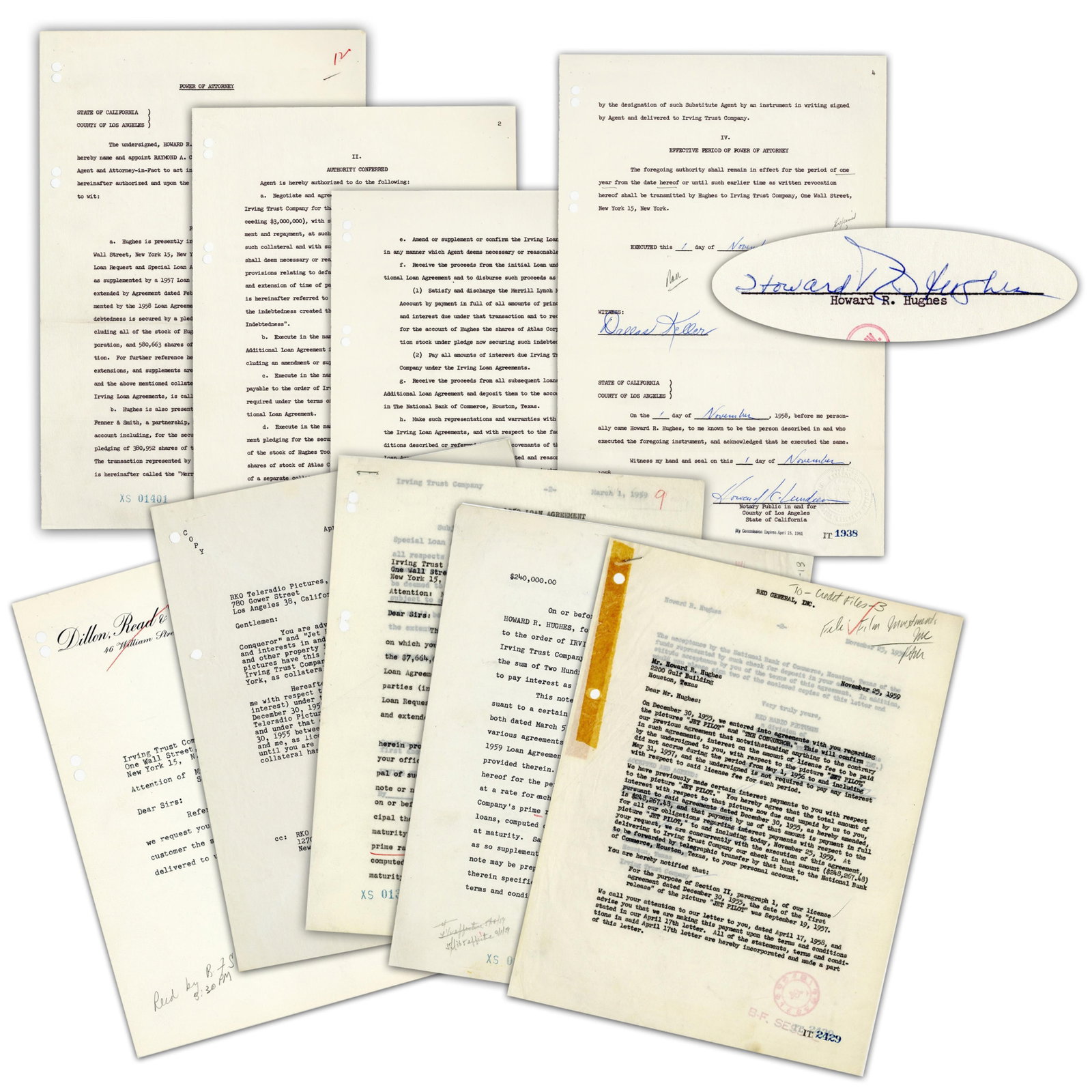 Howard Hughes Signed 1958 Contract, PSA/DNA - In Archive Re: $7 Million Loan; RKO Flops "The: Howard Hughes various, ca. 1956-1959 Howard Hughes Signed 1958 Contract, PSA/DNA - In Archive Re: $7 Million Loan; RKO Flops "The Conqueror" & "Jet Pilot" Archive A group of correspondence and legal