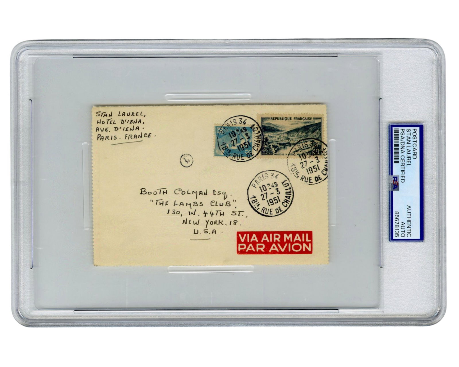 Stan Laurel Signed Envelope, PSA Authenticated & Slabbed!: Stan Laurel Paris, France, March 27, 1951 Stan Laurel Signed Envelope, PSA Authenticated & Slabbed! Slabbed signature Original 1951 airmail envelope signed and addressed entirely in the hand of Stan