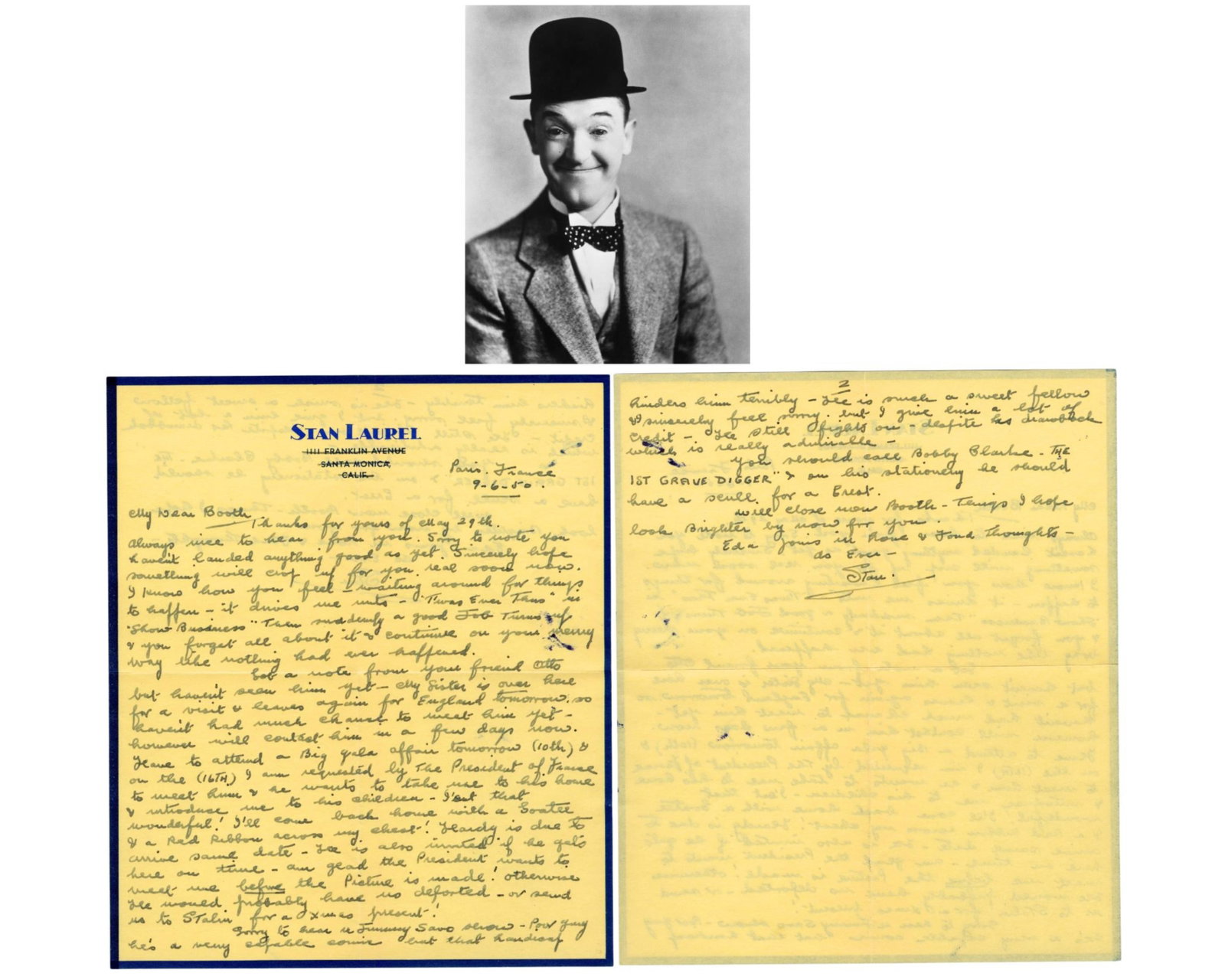 Stan Laurel ALS On Meeting French President "he would probably have me deported – or send me: Stan Laurel Paris, France, September 6, 1950 Stan Laurel ALS On Meeting French President "he would probably have me deported – or send me to Stalin for a Xmas present!” ALS ALS on