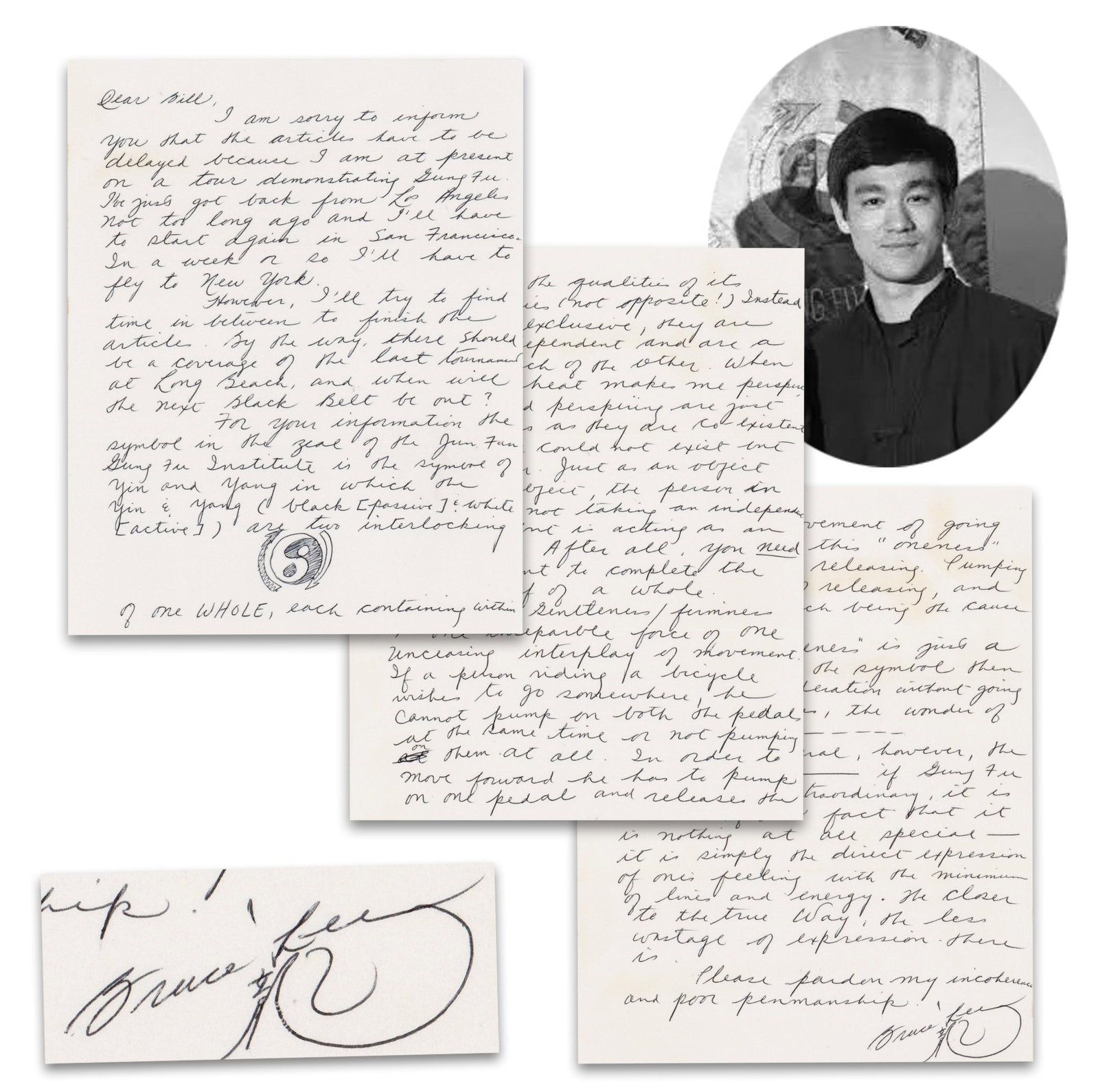 Bruce Lee 3pp Best ALS on Principles of Yin and Yang: "you need your opponent to complete the…: Bruce Lee [Los Angeles, CA], [ca. August 1964] Bruce Lee 3pp Best ALS on Principles of Yin and Yang: "you need your opponent to complete the… whole" ALS A lengthy autographed letter from