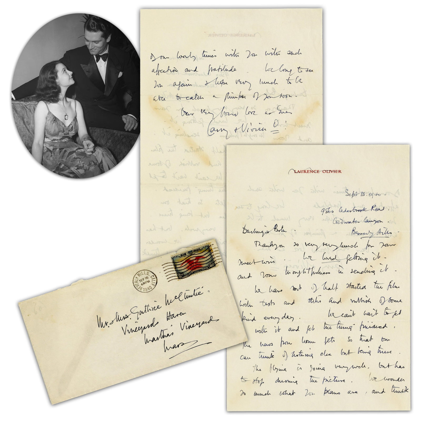 Vivien Leigh ALS With Movie Content: Vivien Leigh [Beverly Hills, CA], September 15, 1940 Vivien Leigh ALS With Movie Content ALS A 2pp autograph letter signed by British actress Vivien Leigh (1913-1967) on behalf of herself and her new