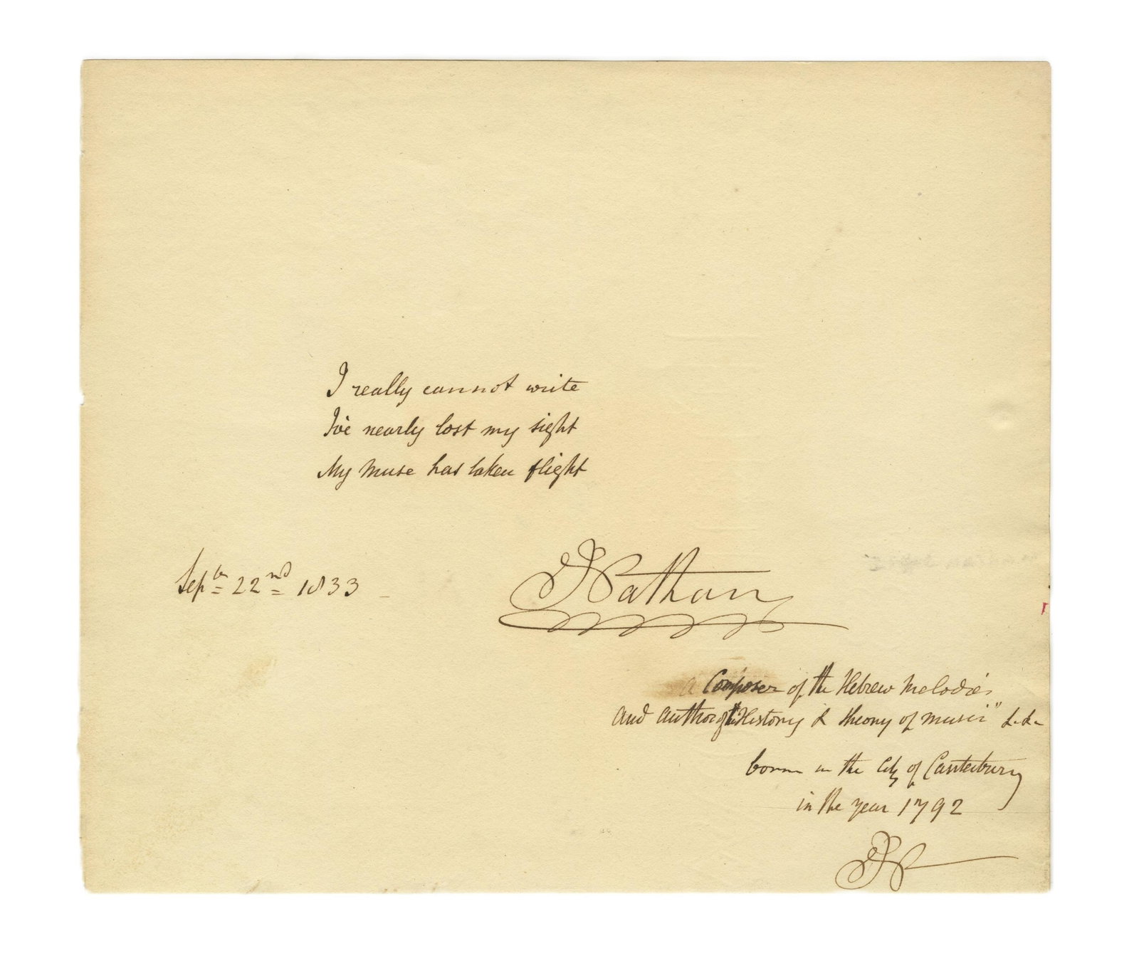Exceedingly Rare Isaac Nathan 1833 Signed Poem - 2