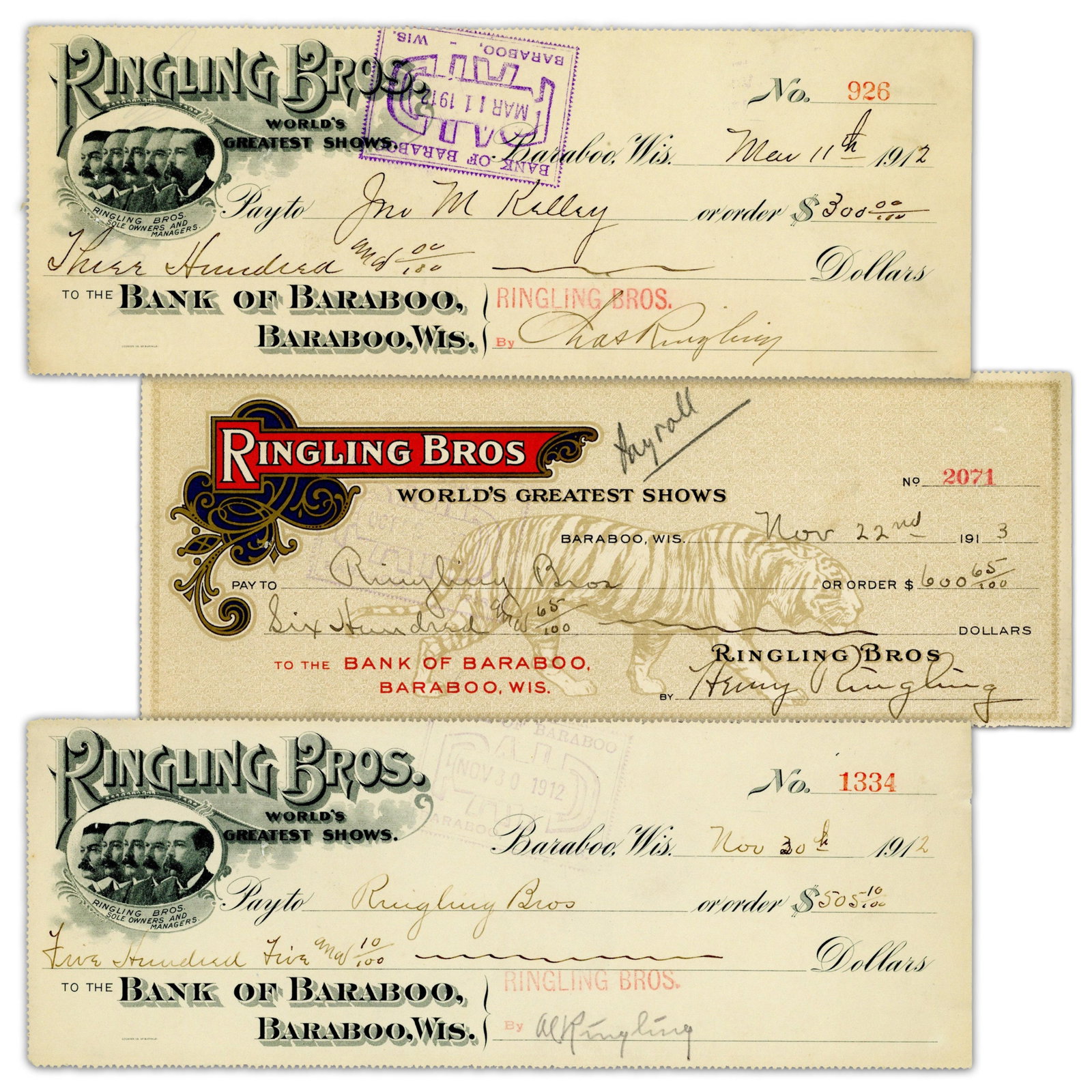 (3) Ringling Bros. Checks, Ca. 1912-1913, Signed By Al, Charles, & Henry: Ringling Bros. [Baraboo, WI], ca. 1912-1913 (3) Ringling Bros. Checks, Ca. 1912-1913, Signed By Al, Charles, & Henry DSs A small group of Ringling Brothers memorabilia including three checks signed