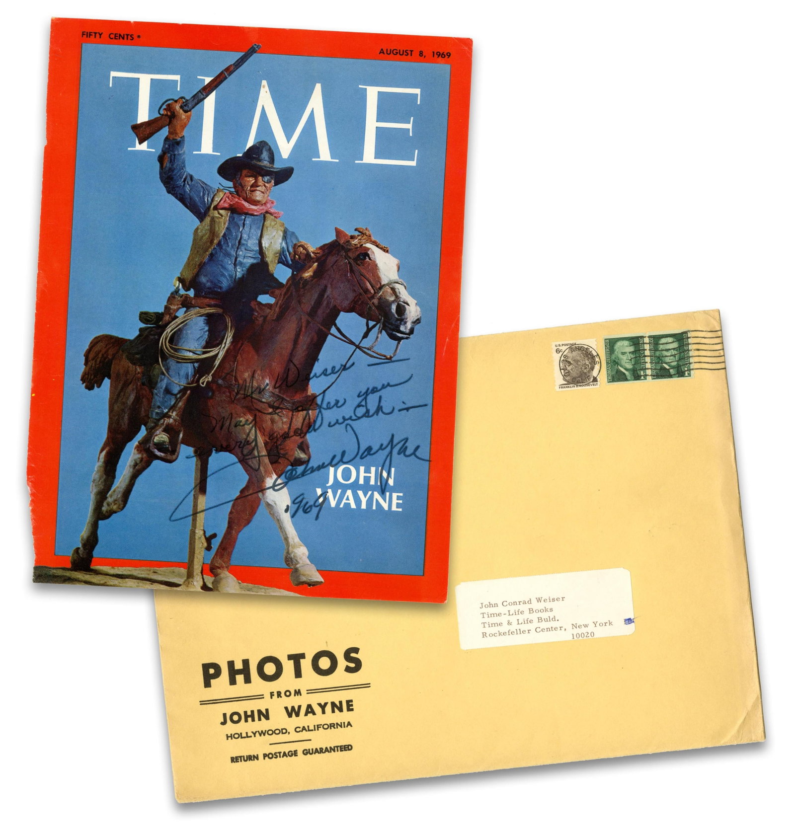 John Wayne Signed & Inscribed TIME "True Grit" Magazine Cover: John Wayne n.p., August 8, 1969 John Wayne Signed & Inscribed TIME "True Grit" Magazine Cover Signed Magazine/Comic An original TIME magazine cover featuring actor John Wayne (1907-1979) in his role