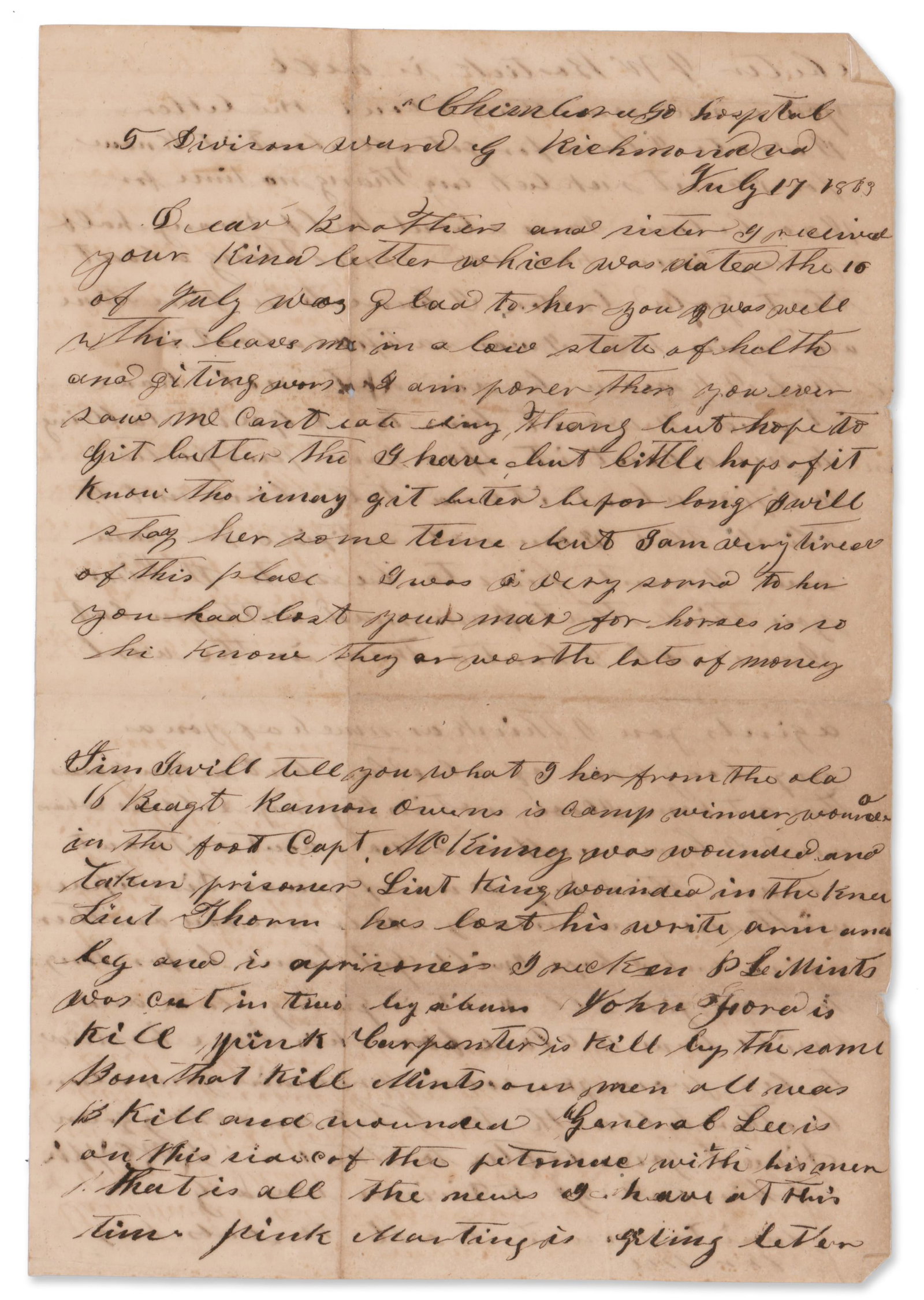 Wounded CSA Soldier's Letter Listing the Casualties at Gettysburg: Civil War Richmond, VA, July 17, 1863 Wounded CSA Soldier's Letter Listing the Casualties at Gettysburg Letter Confederate soldier’s letter by Lorraine W. Griffin of the North Carolina 16th Infa