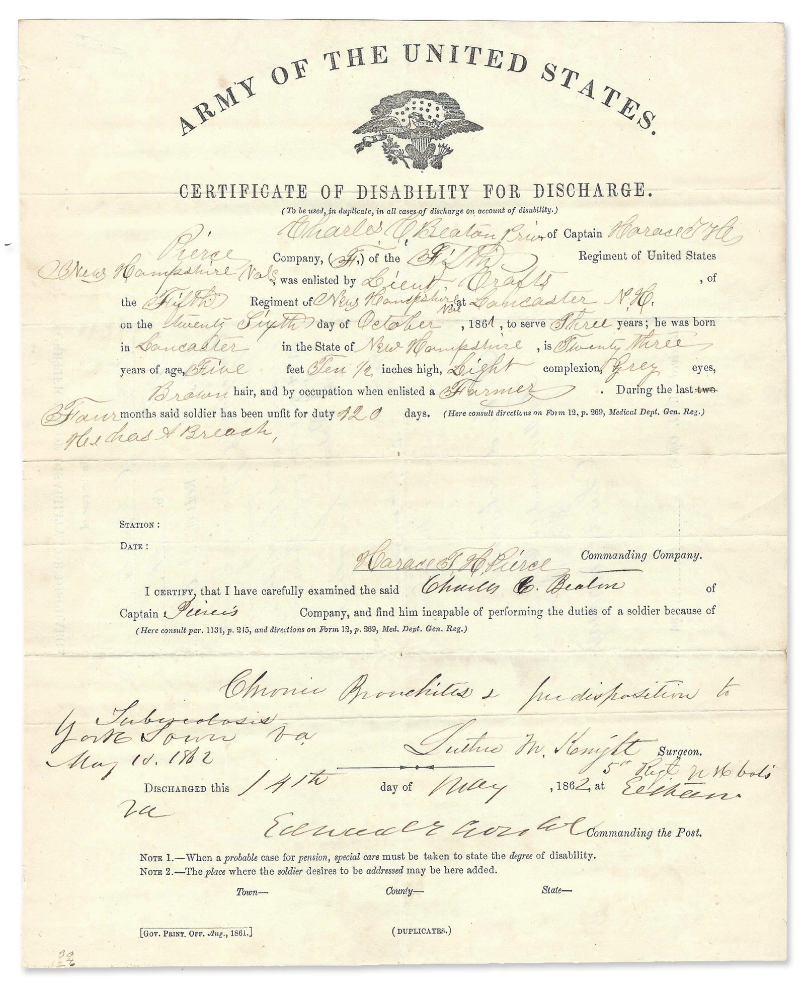 Col. Edward Cross - WIA 4 Times and Dying from Wounds Suffered at Gettysburg - Signed Discharge (1 of 2)