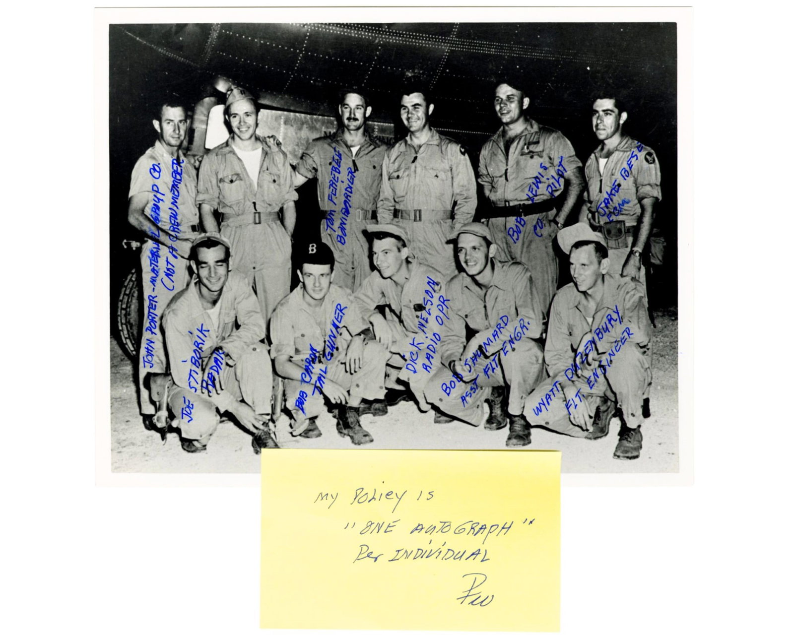 Paul Tibbets Refuses Autograph & Handwrites Entire Enola Gay Crew! W/ Signed Post-it! (1 of 1)